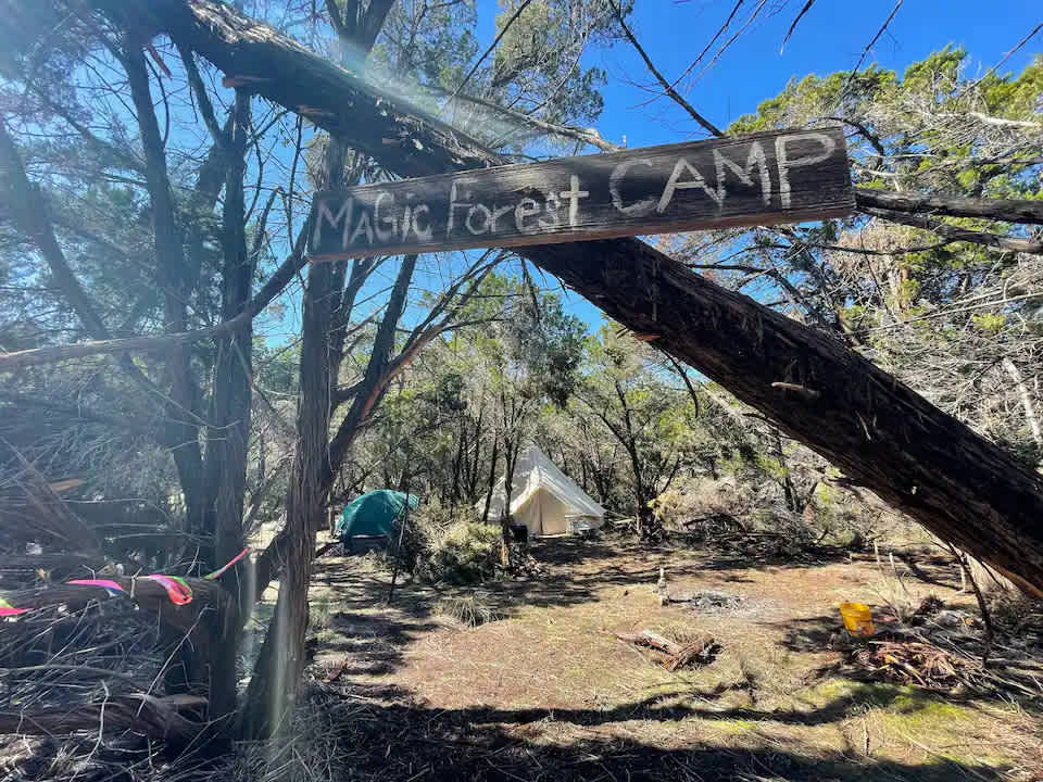 The Magic Forest Camp is a 3 minute walk down a beautiful winding path into our forest grove. It sits on the banks of our wet weather creek.