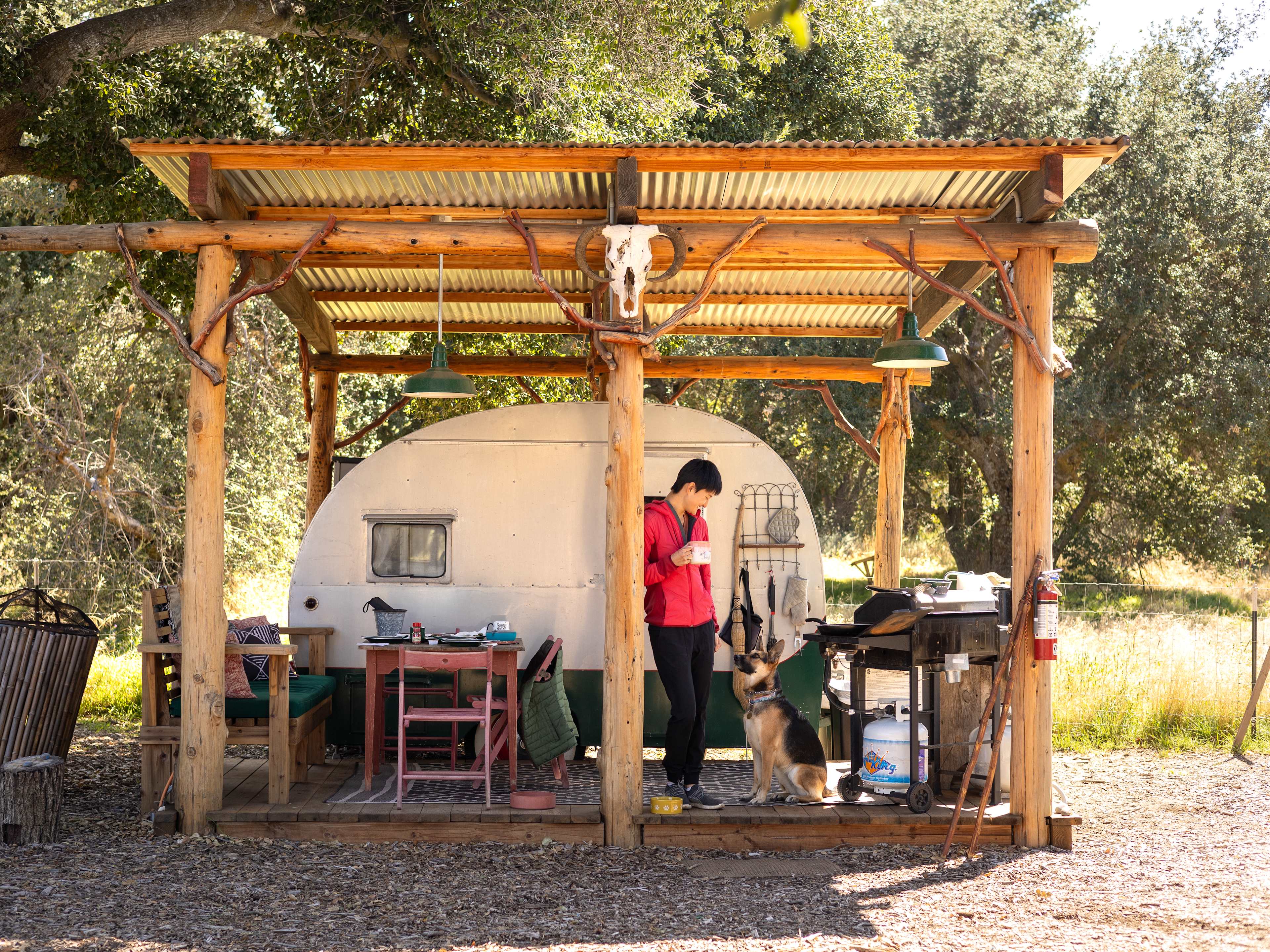 Tiny trailer and outdoor kitchen and seating area