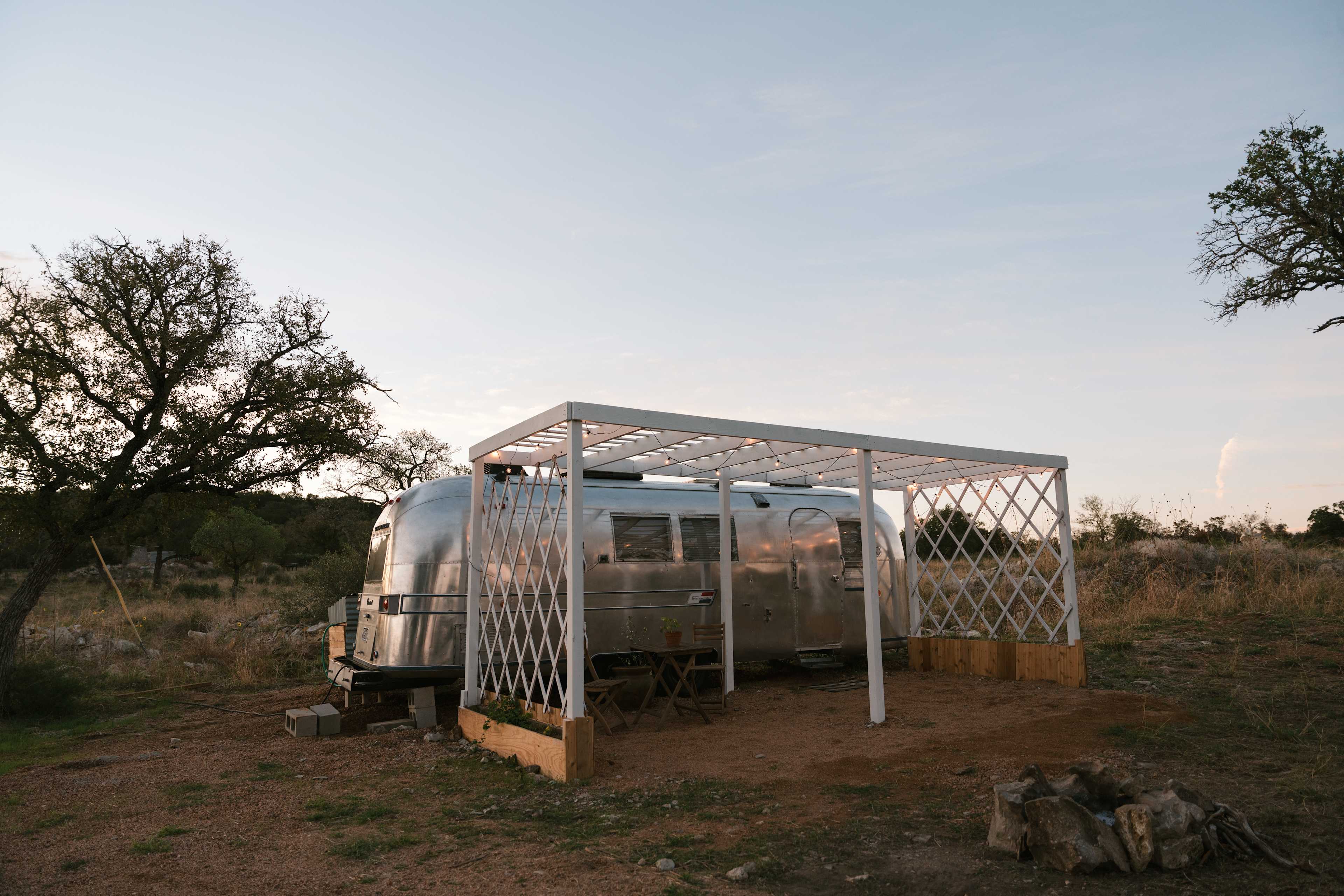 Airstream campground with firepit in the front