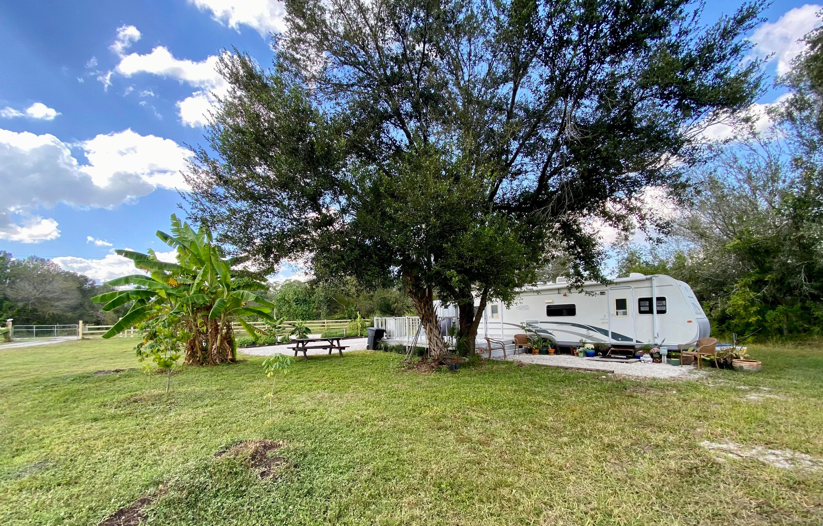 This is a view of our personal RV which is next to Site #1. Campers are welcome to use the bathroom in our RV any time.