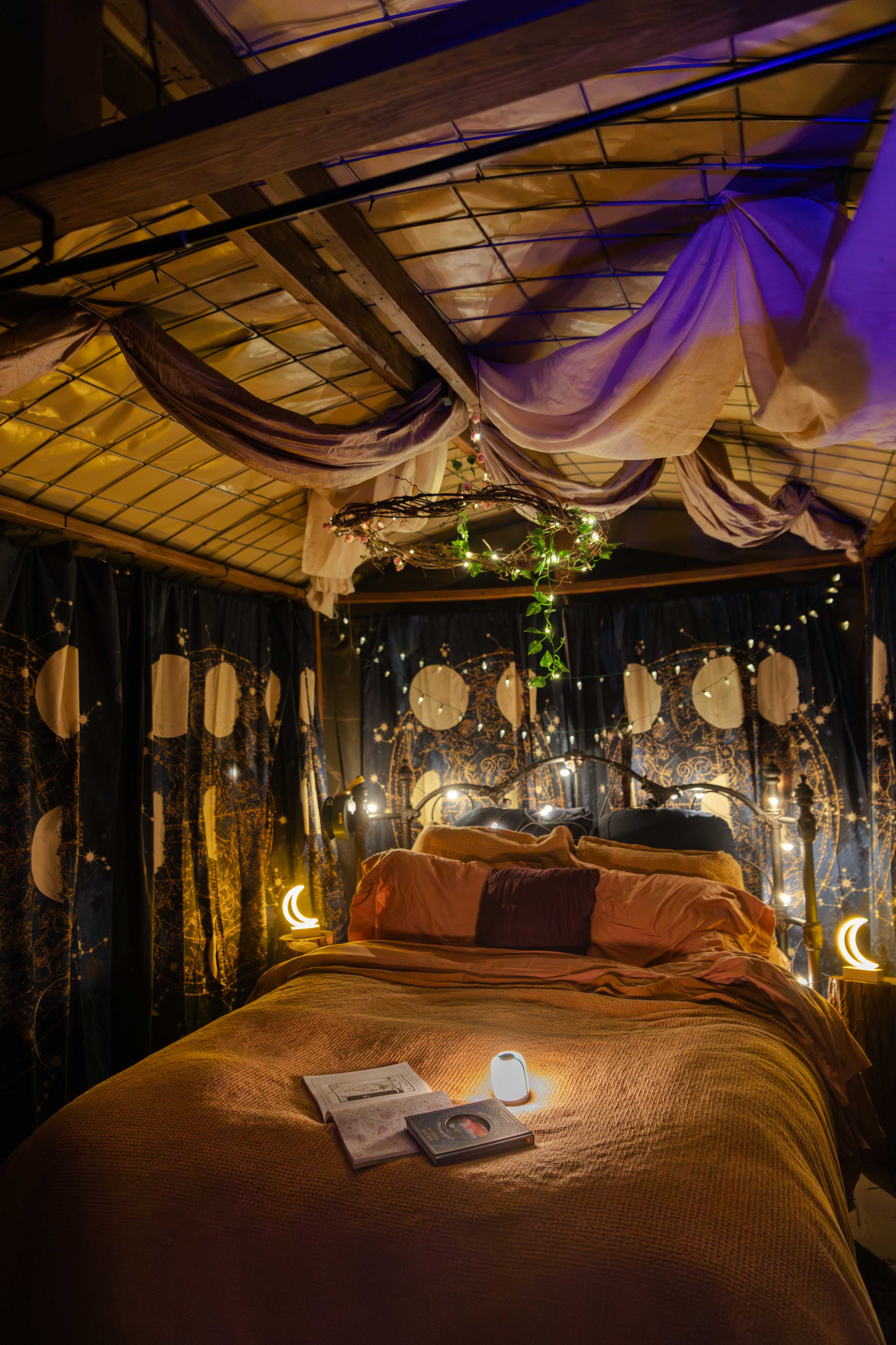 Cozy fairly lights around the bed