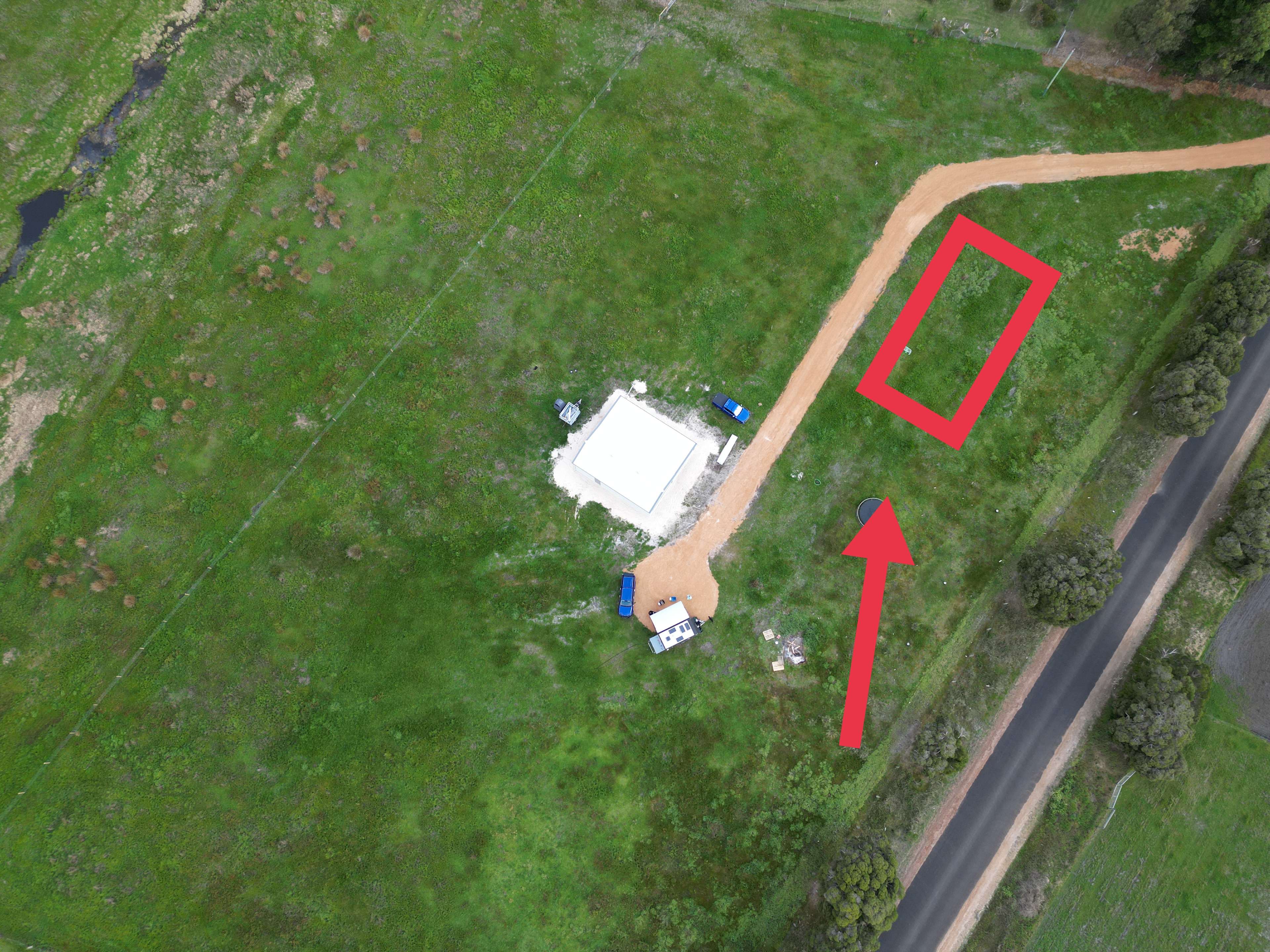 Main Firepit campsite Park van and car/s anywhere around the marked area.