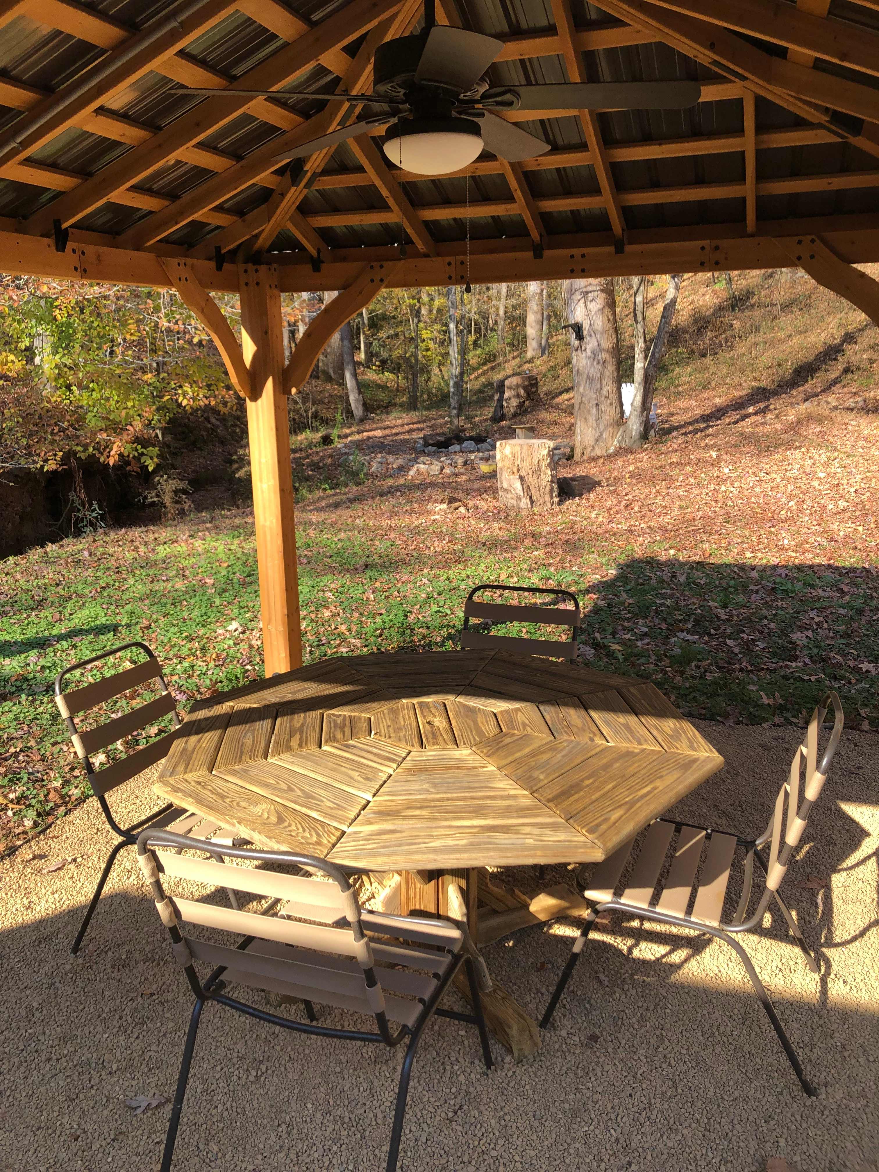 Covered outdoor gazebo with outlets, lights and ceiling fan.