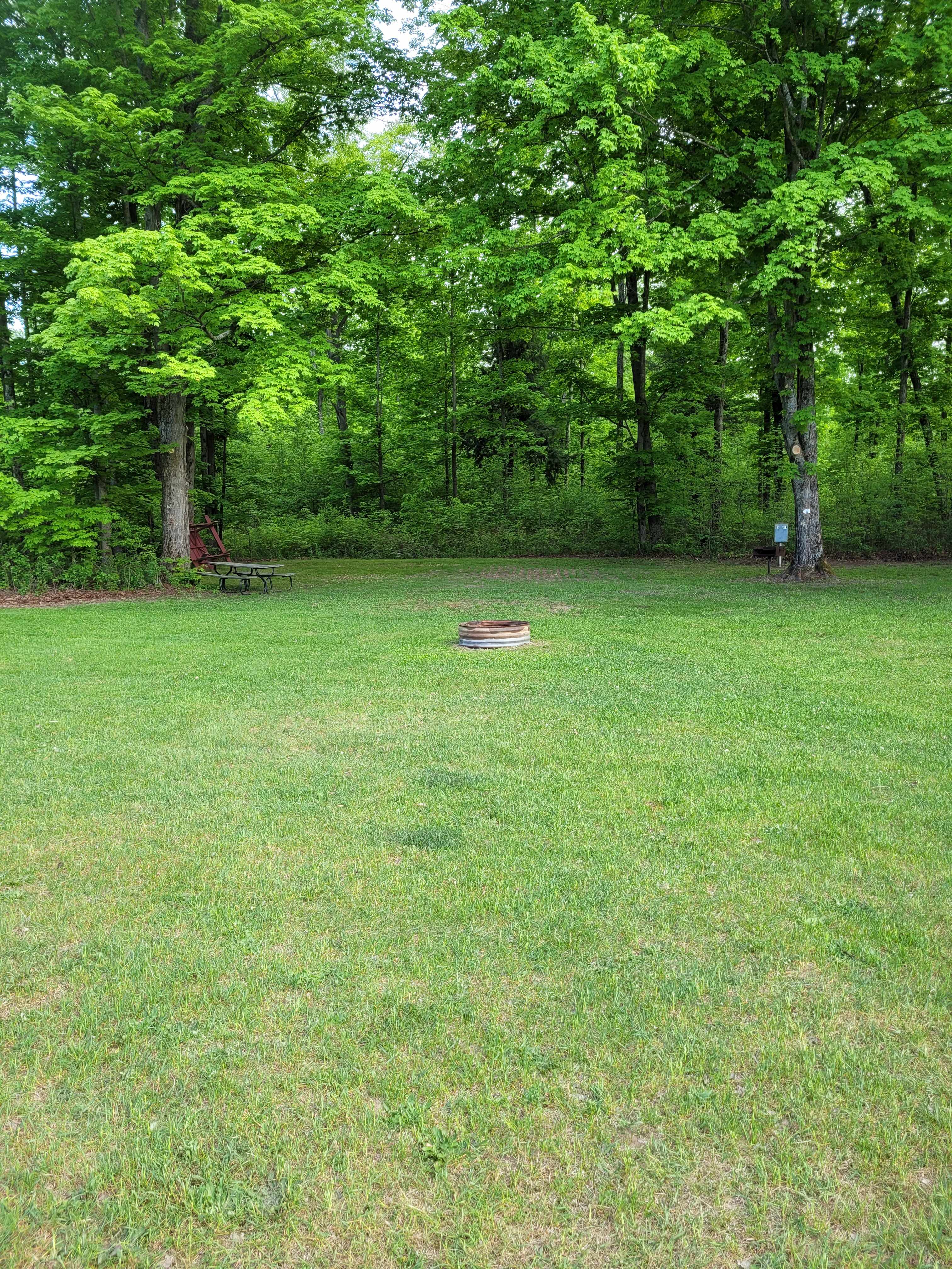 site #15, 20 and 30 amp plugins are shown in the right of the picture. They are shared with site #14. septic hookup is near the trees to the left of the electrical box. Water fill station near the bathhouse.