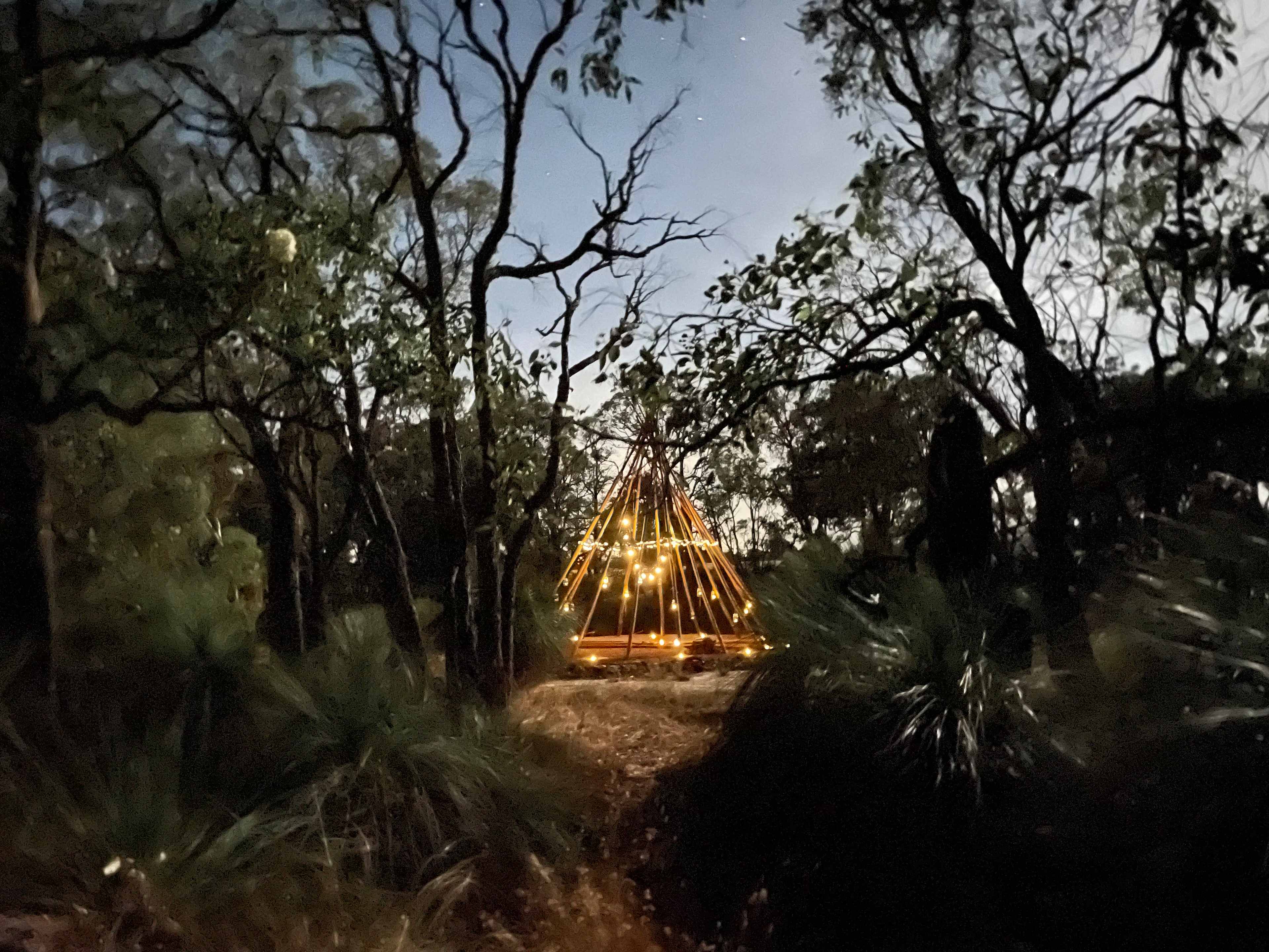 We take the skin off our tipi over the summer months…. She’s covered in solar lighting here. 