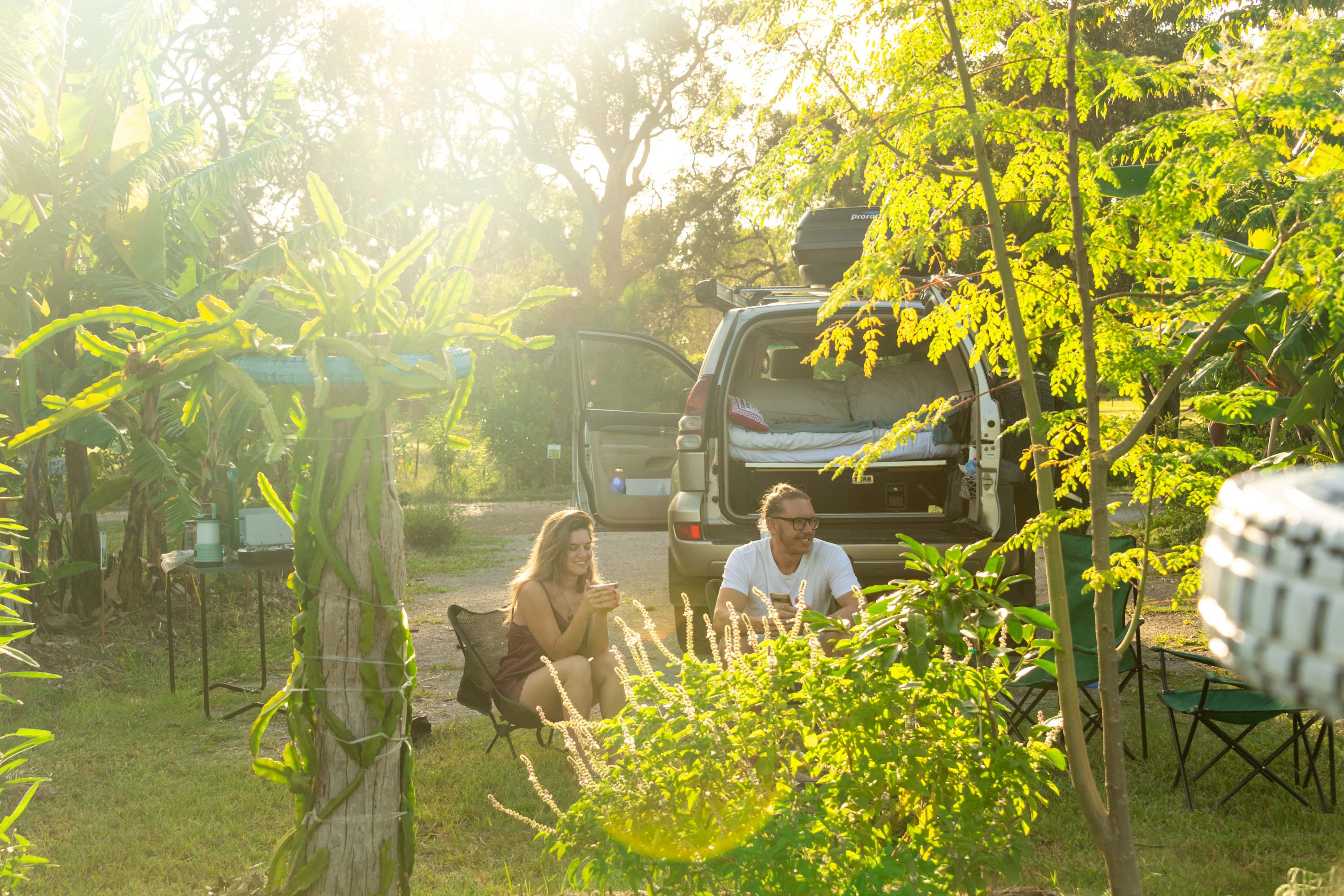 Enjoying morning tea at the campsite