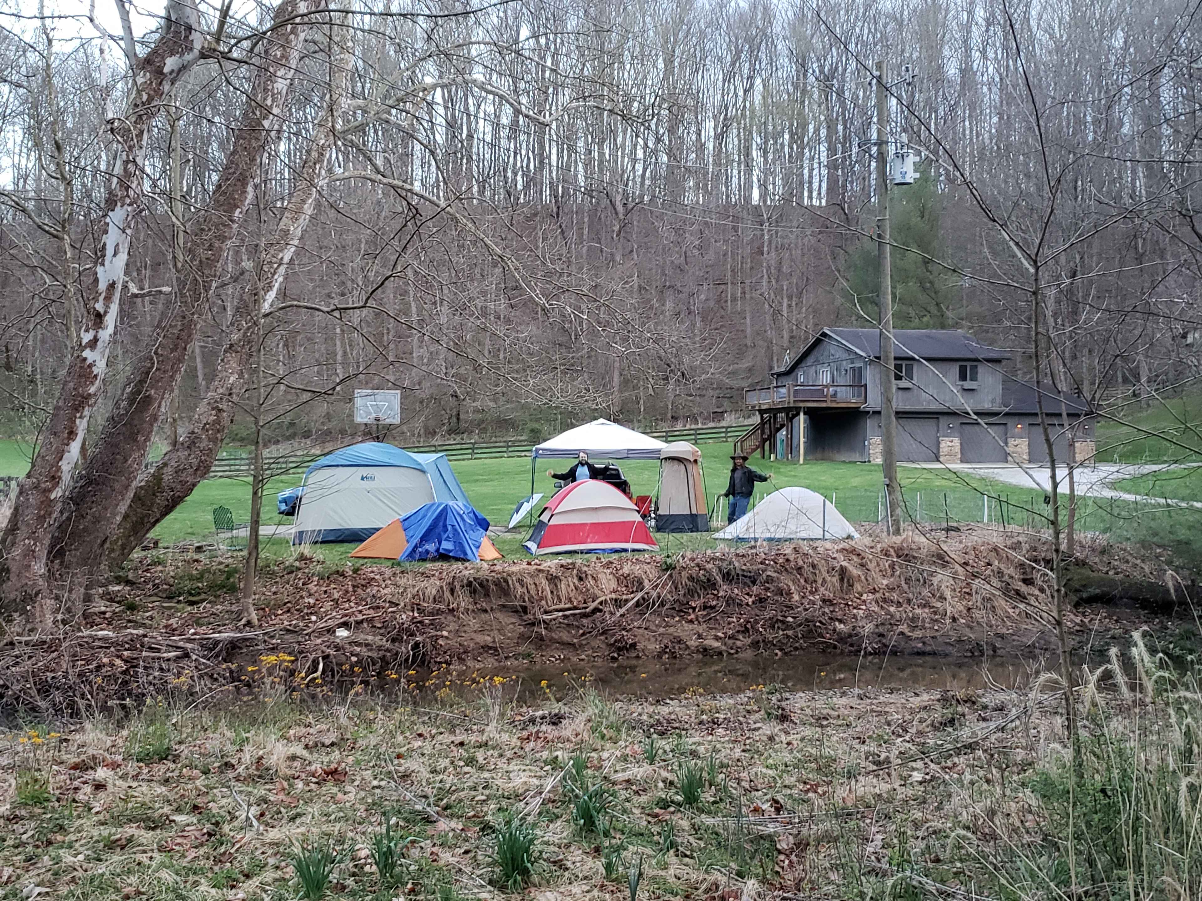 View of campsite with tents from opposite side of Kerr Creek