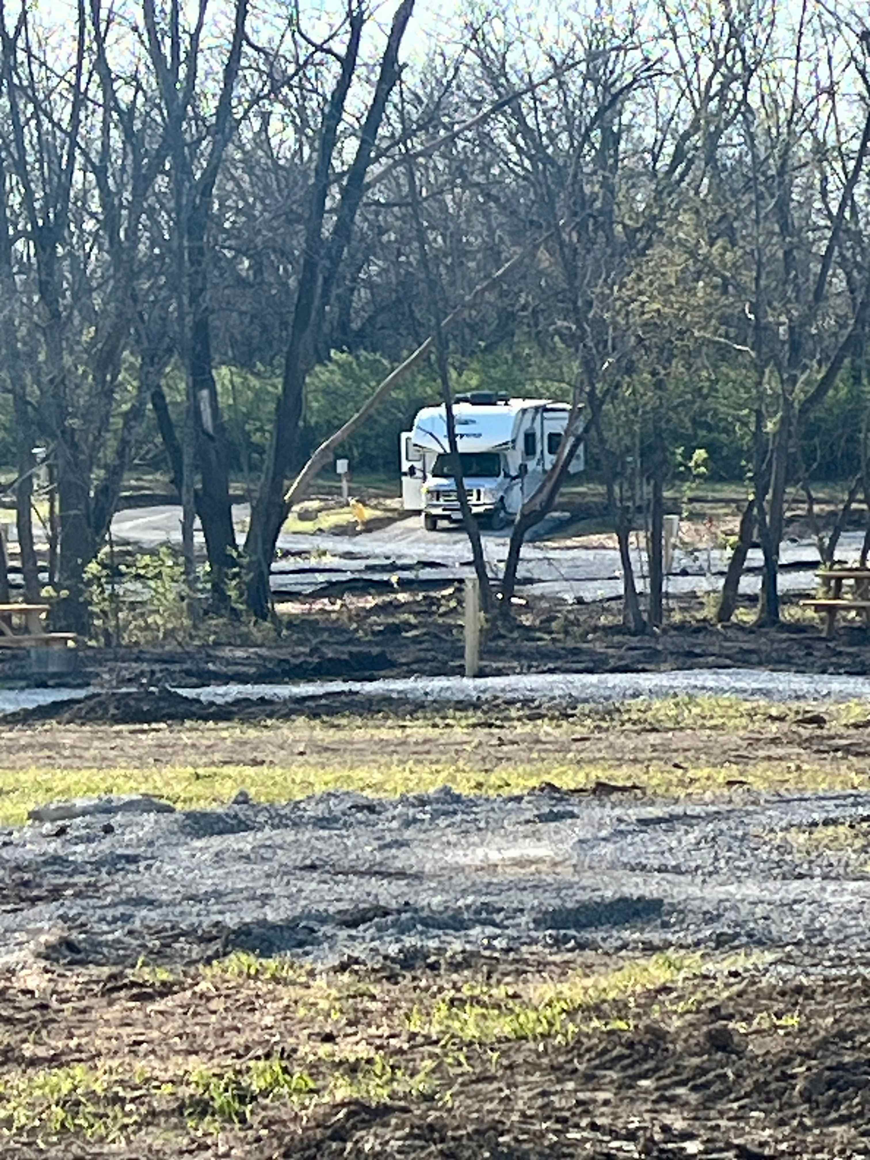 One of our first RV campers after opening April 1st, 2024 taken from a tent site. We have continued to host many happy campers since.