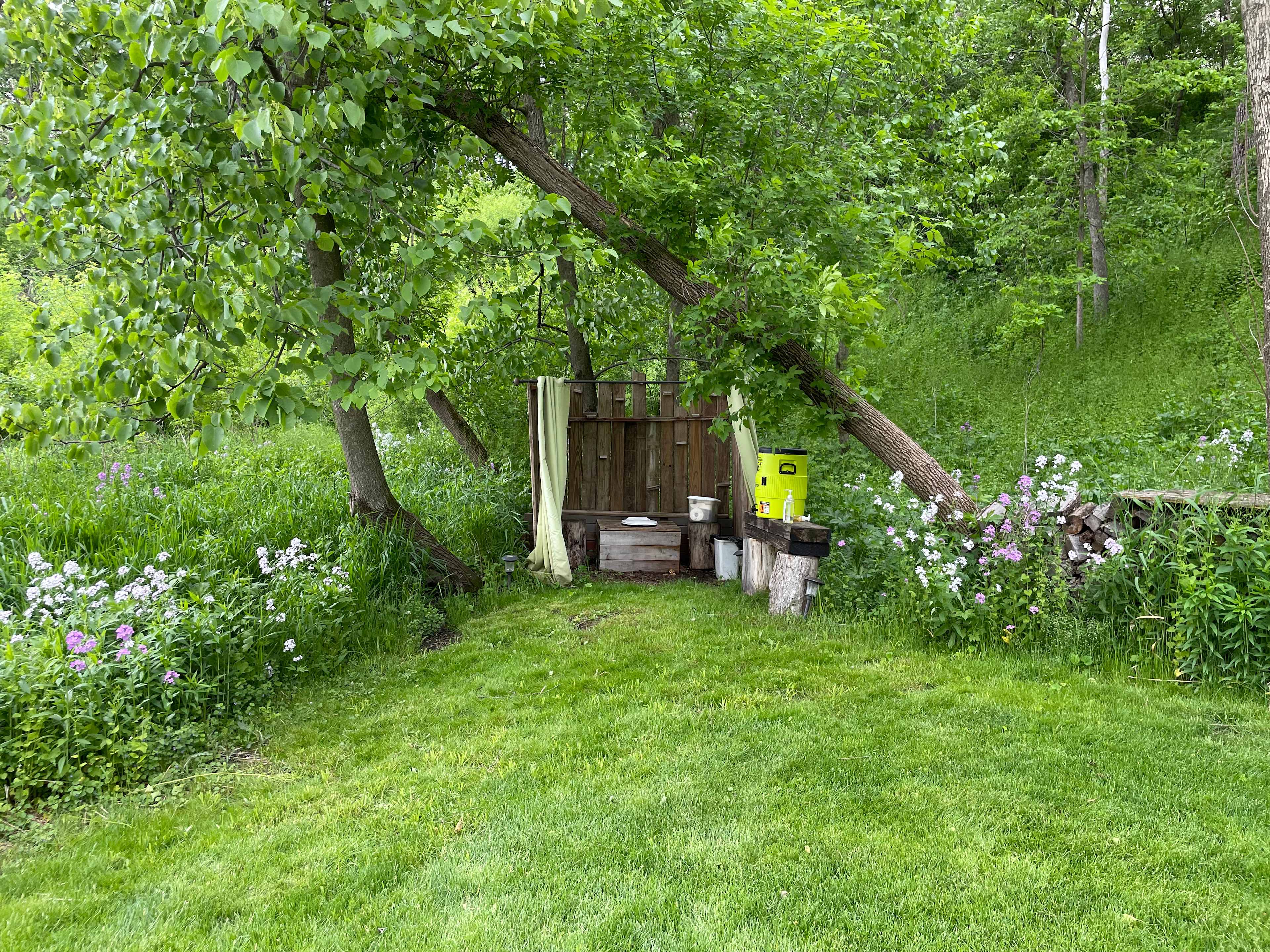 Outdoor bathroom and handwashing station in late spring.