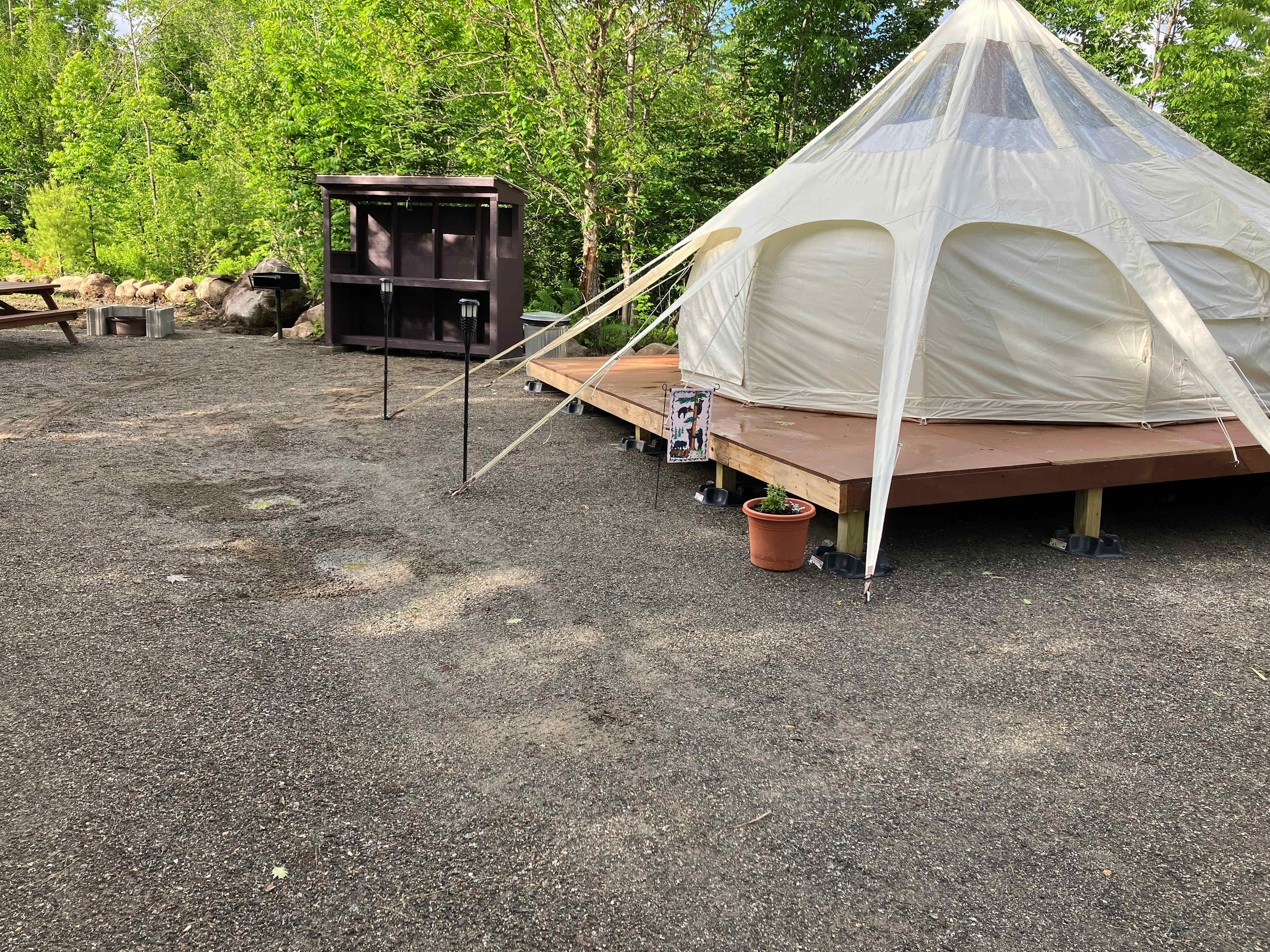 Our 16 foot Stargazer tent. Sleeps four comfortably. Outdoor kitchen complete with all essentials
