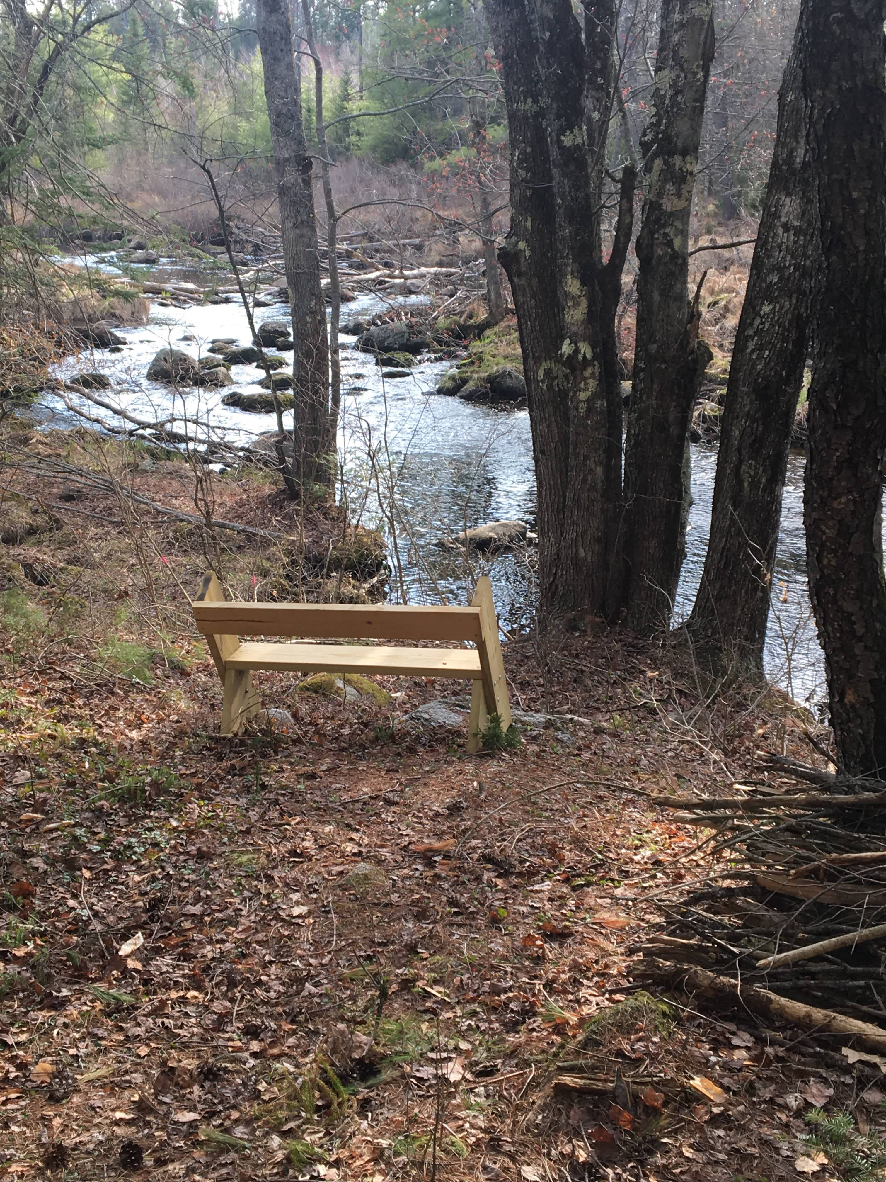 Bench to rest and enjoy stream up close. 