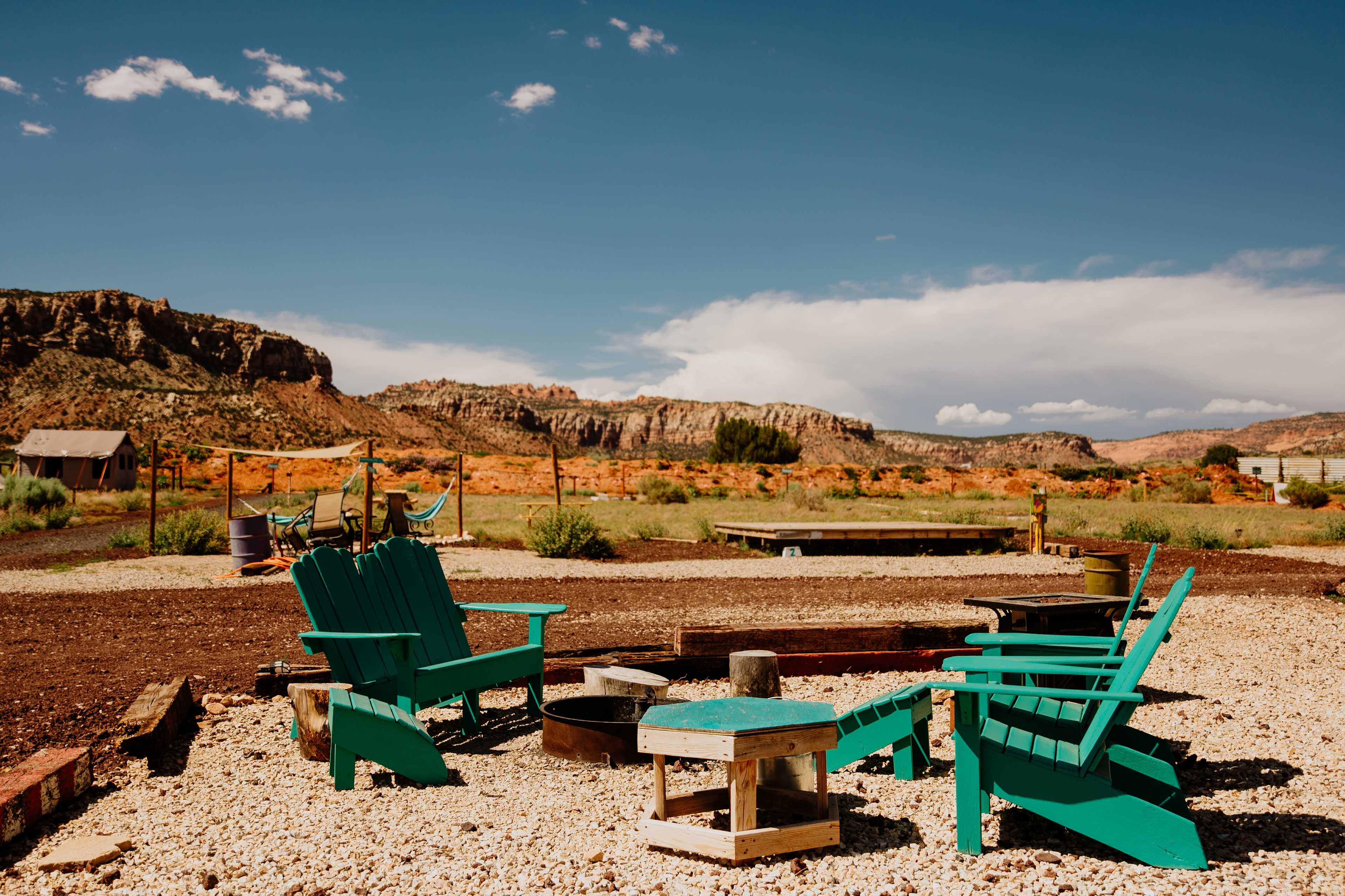 Campfire hang out area in the front of camp near the field where you will be camping. 