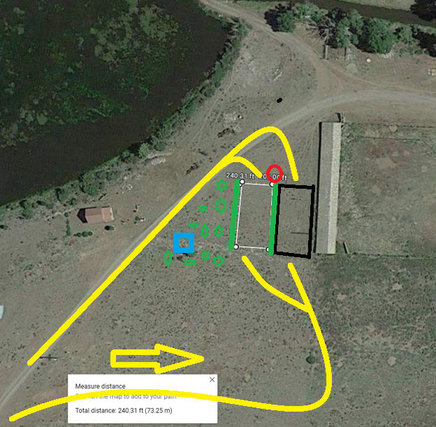 This shows the yellow ingress and egress for the three RV sites.  Note that only two sites are pictured here.  A third site was added parallel to the first two sites.  The red circle is the common area which includes a fire pit.  The blue square is the septic station.  