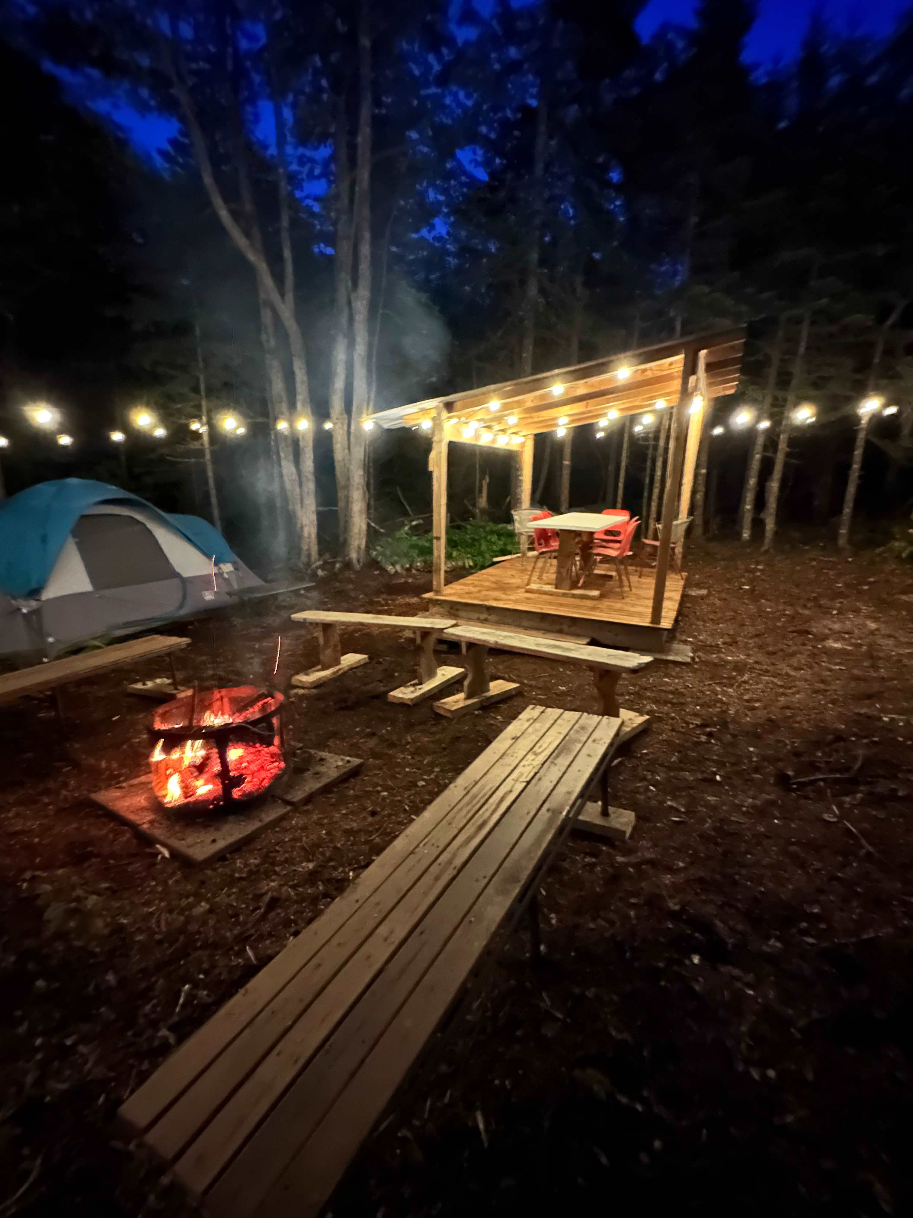 Main camping area with fire grate and plenty of seating.

