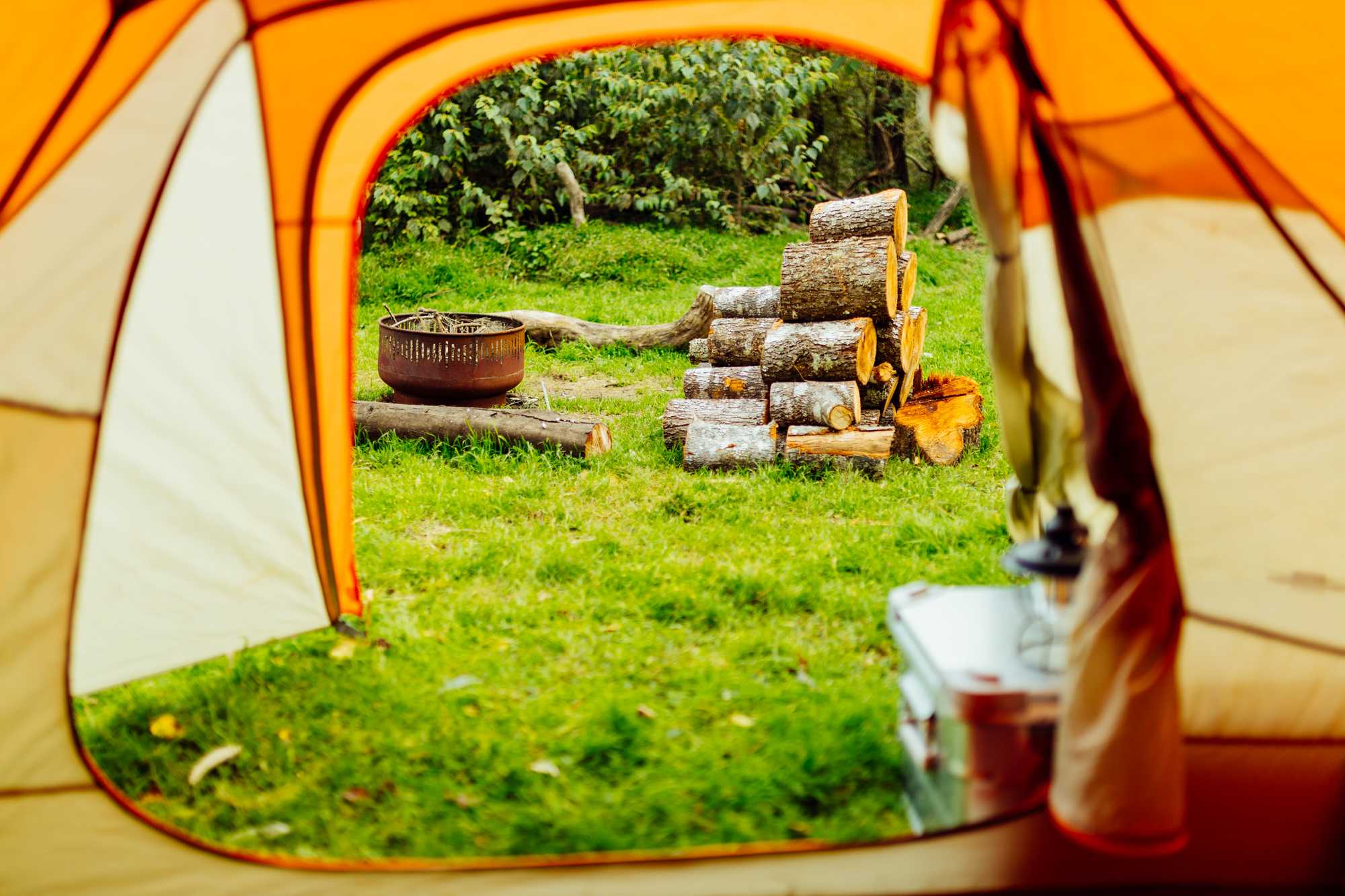 Inside the tent, looking out