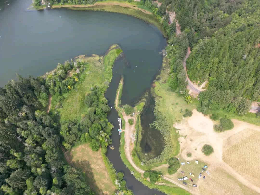 Drone picture from right above us. You can see our campground and the dock.