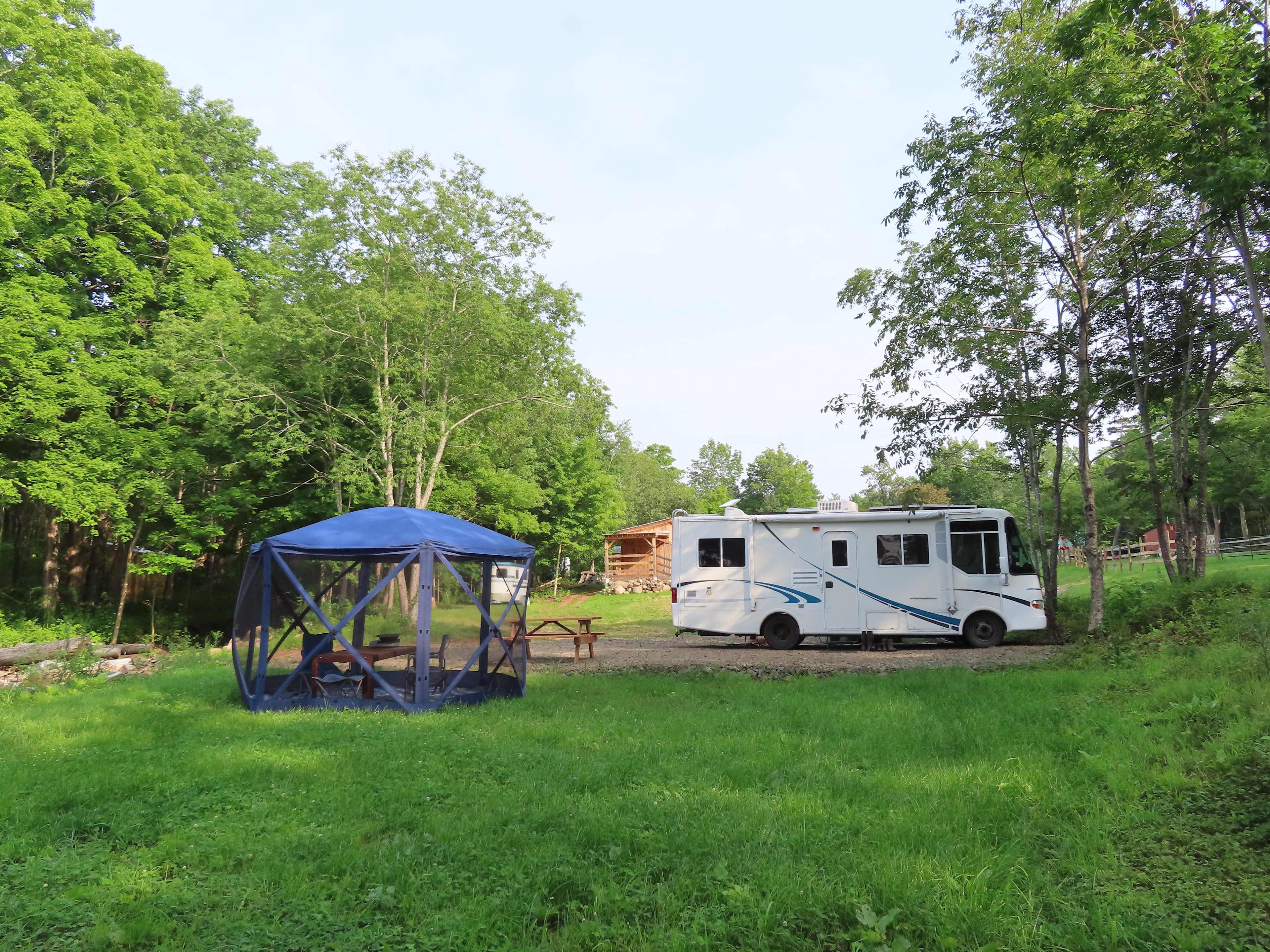 View from the brook looking toward the RV site. There's lawn area for you to enjoy in front of the gravel pad. 