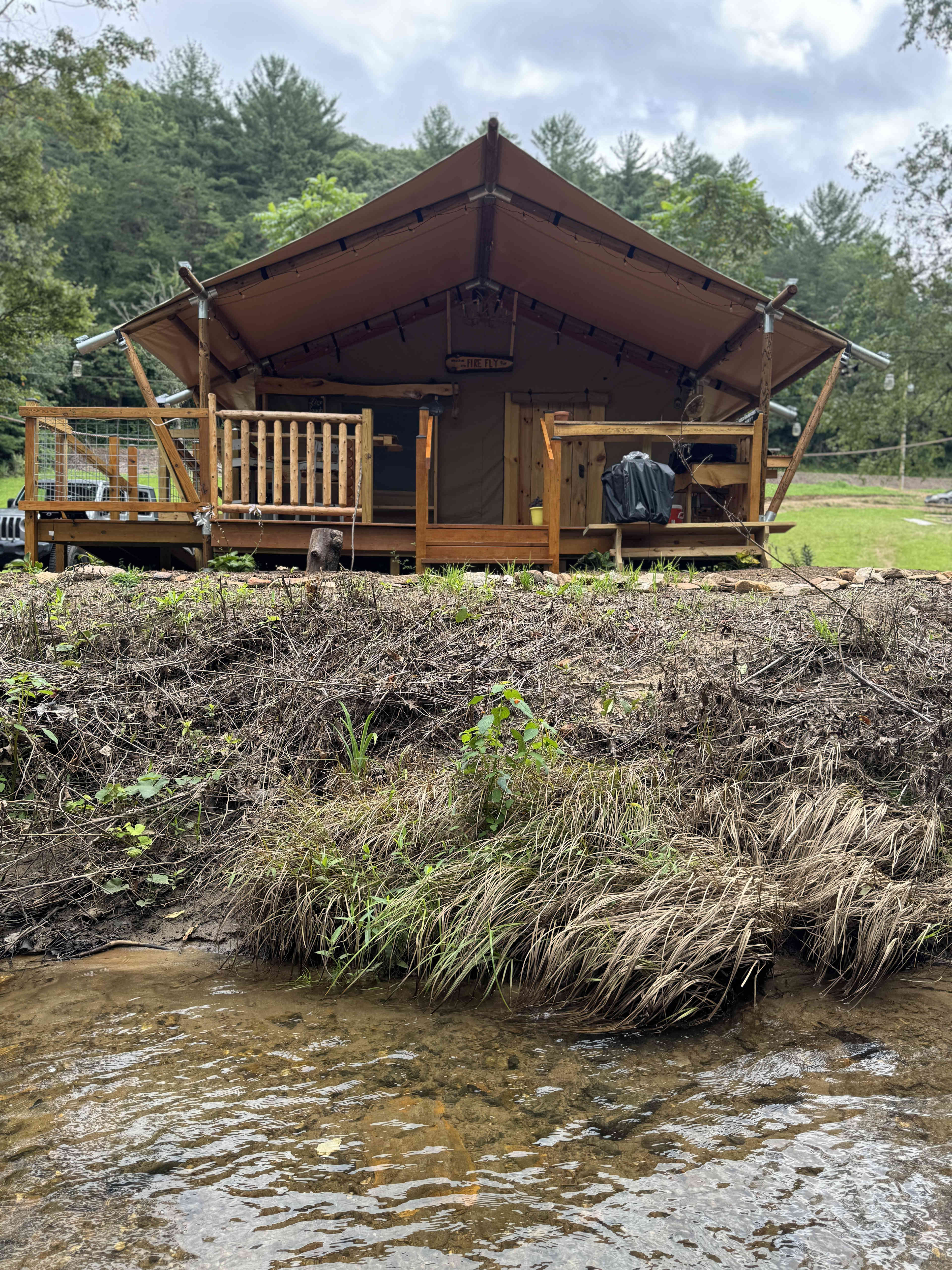 Right on the creek bank, sits this tent.  