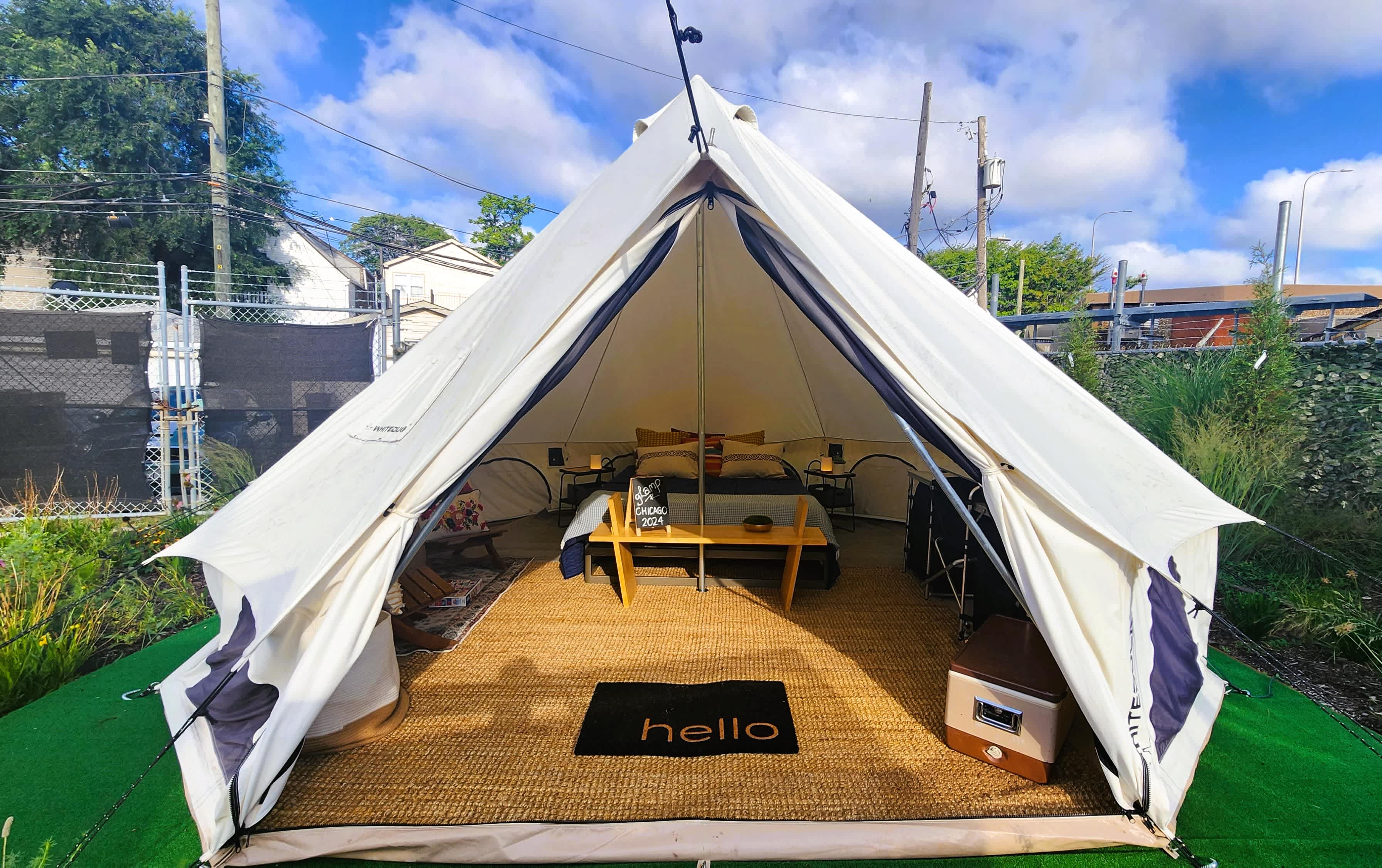 Entry to the 16' diameter private bell tent with queen size bed