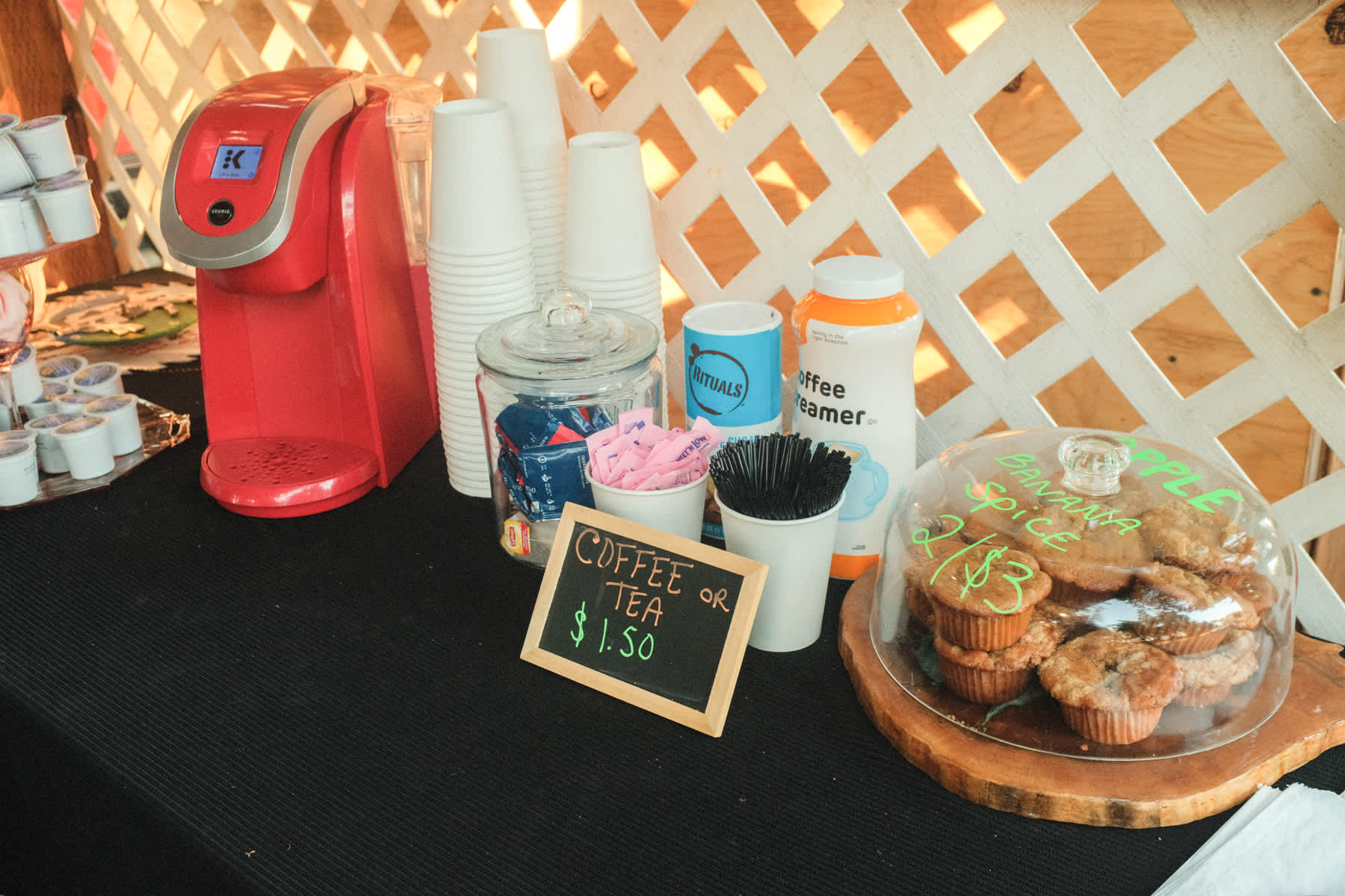 Coffee and muffins available at the farm stand