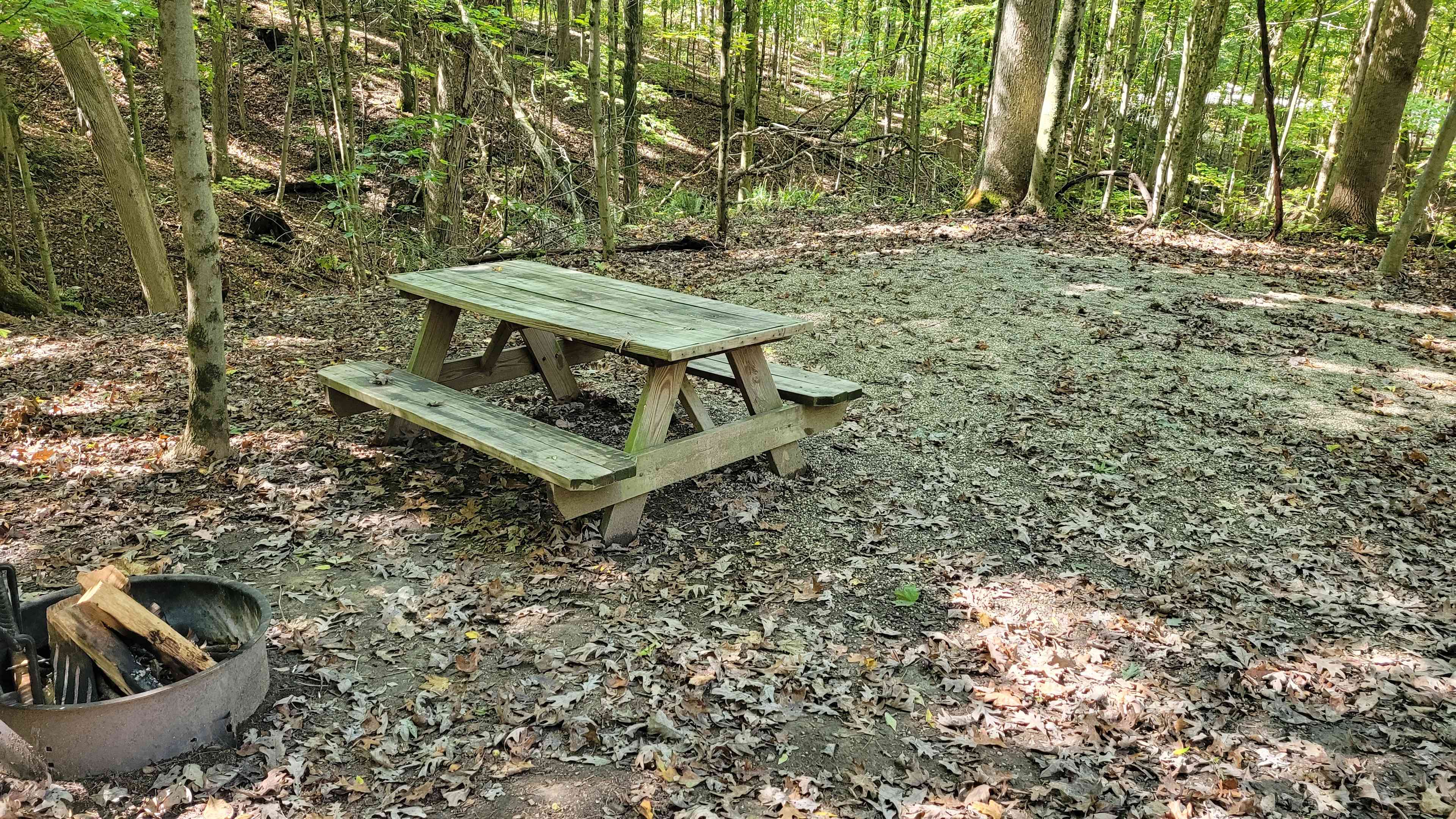 This small and simple campsite is equipped with a fire pit, picnic table, and a pebbled tent pad, about 14x14 feet.