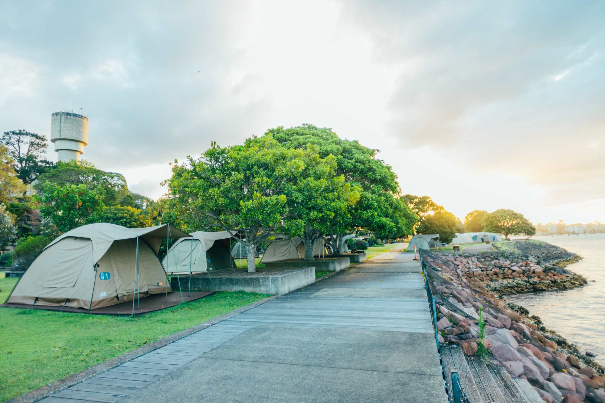 Waterfront sites - Premium, Deluxe and 2 Bedroom tents are situated along the water all with great views.
