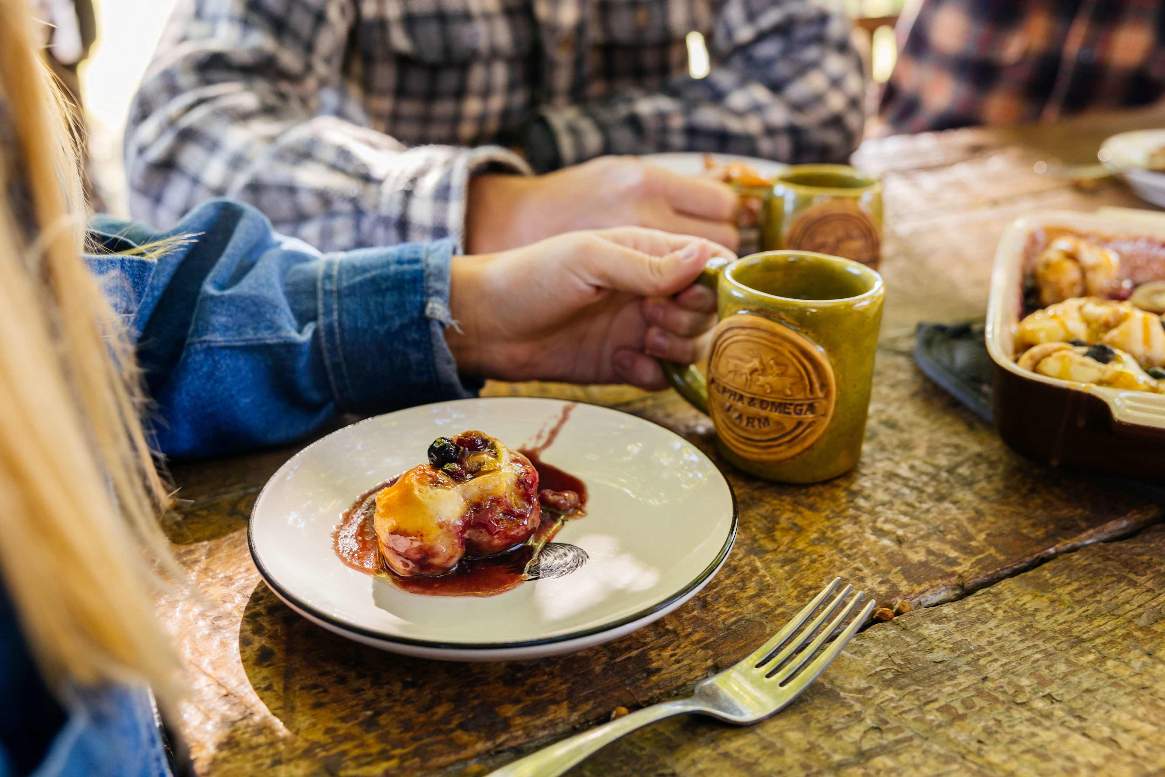 Fresh-baked seasonal caramel rolls and French press coffee available as an add-on