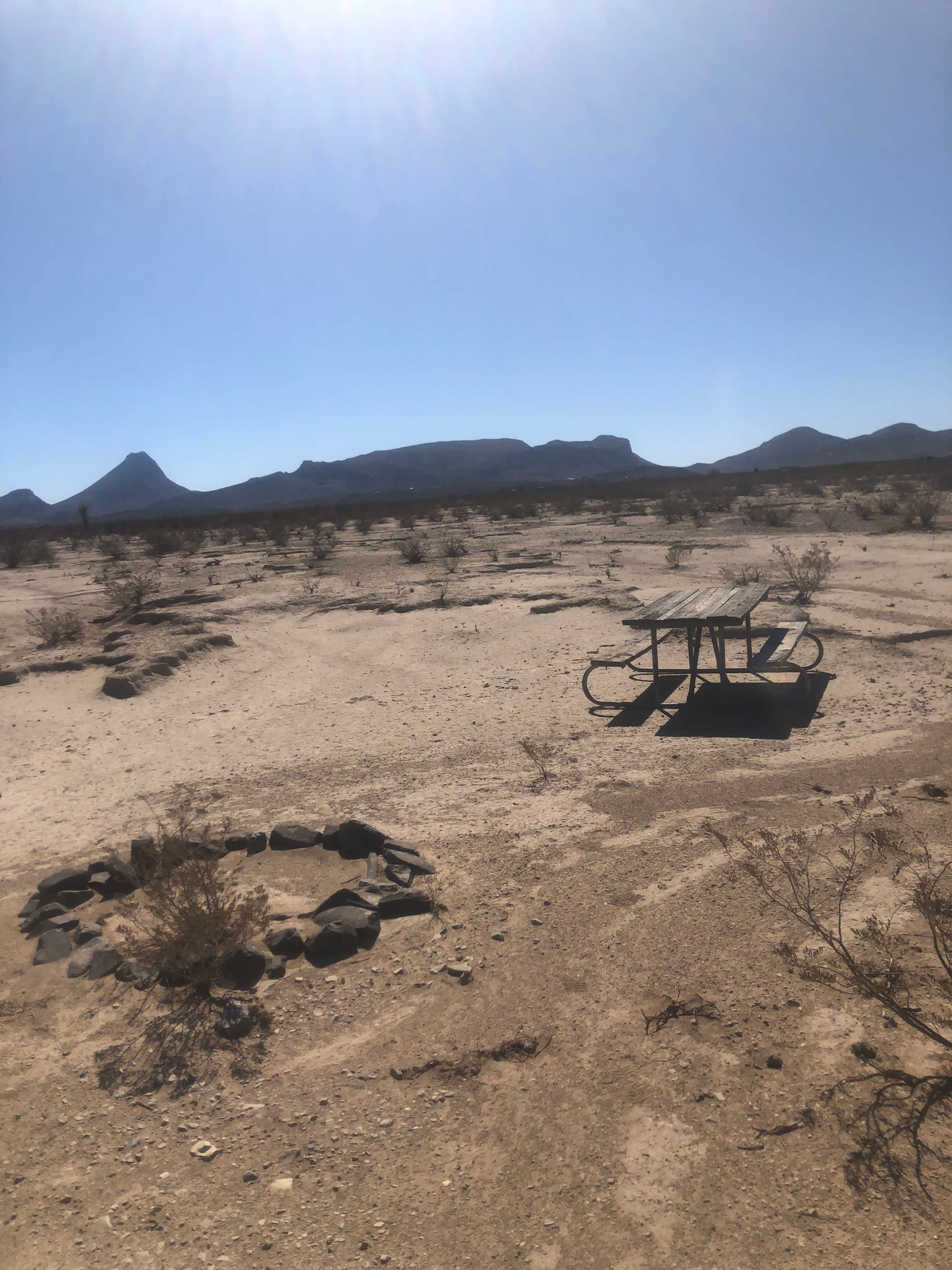 Camp site with fire pit, picnic table, and mountain view.