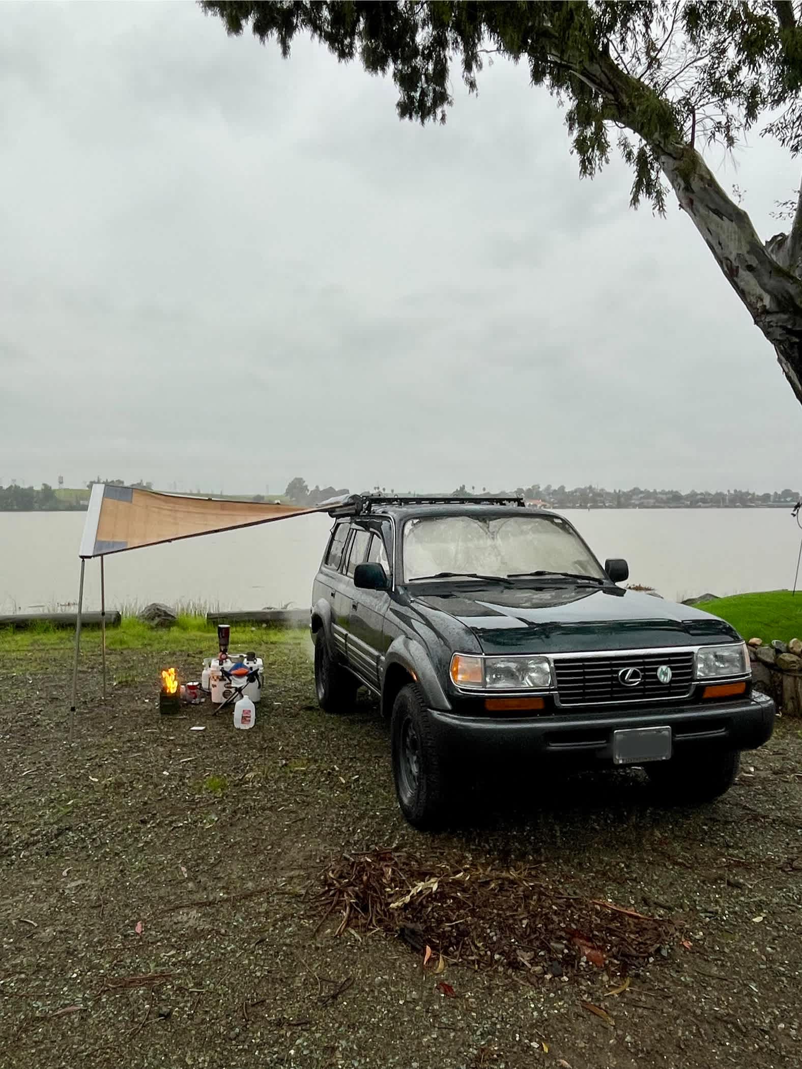 Morning rainy breakfast nook. RV/Car side of property. 
