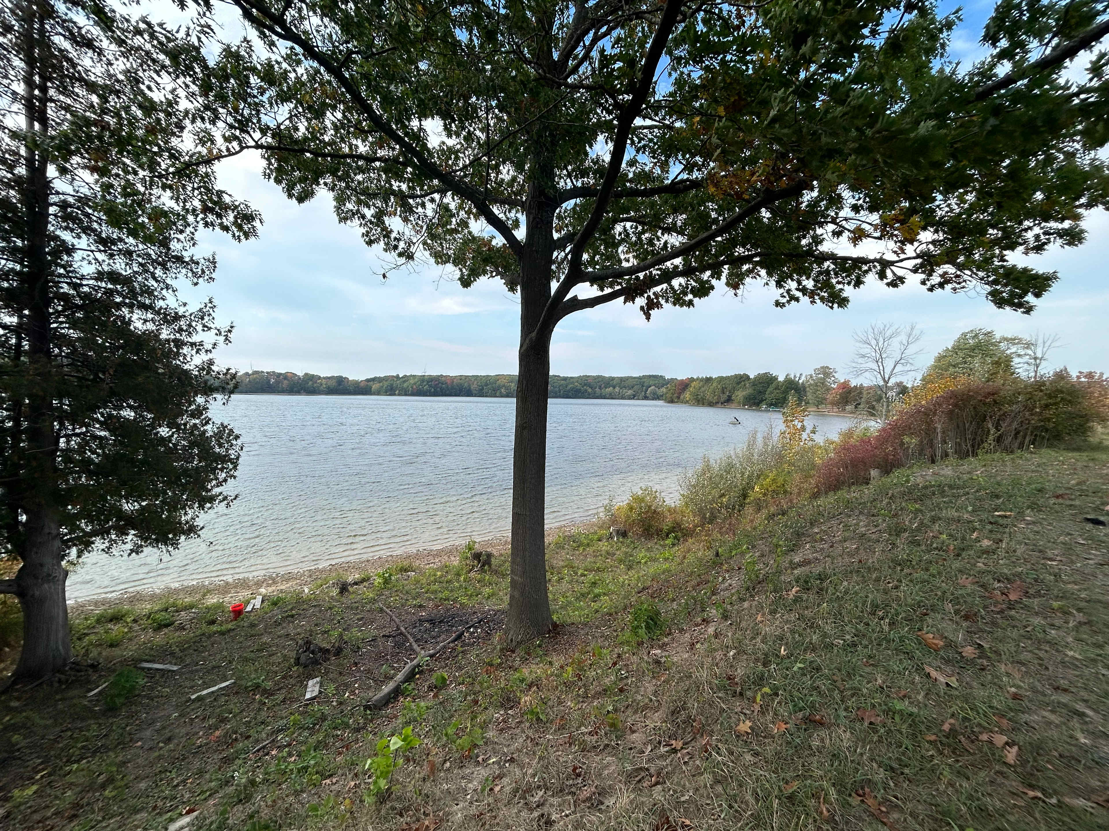 Top of bluff looking down at the lake. Flat areas to pitch a tent right on the waters edge! 