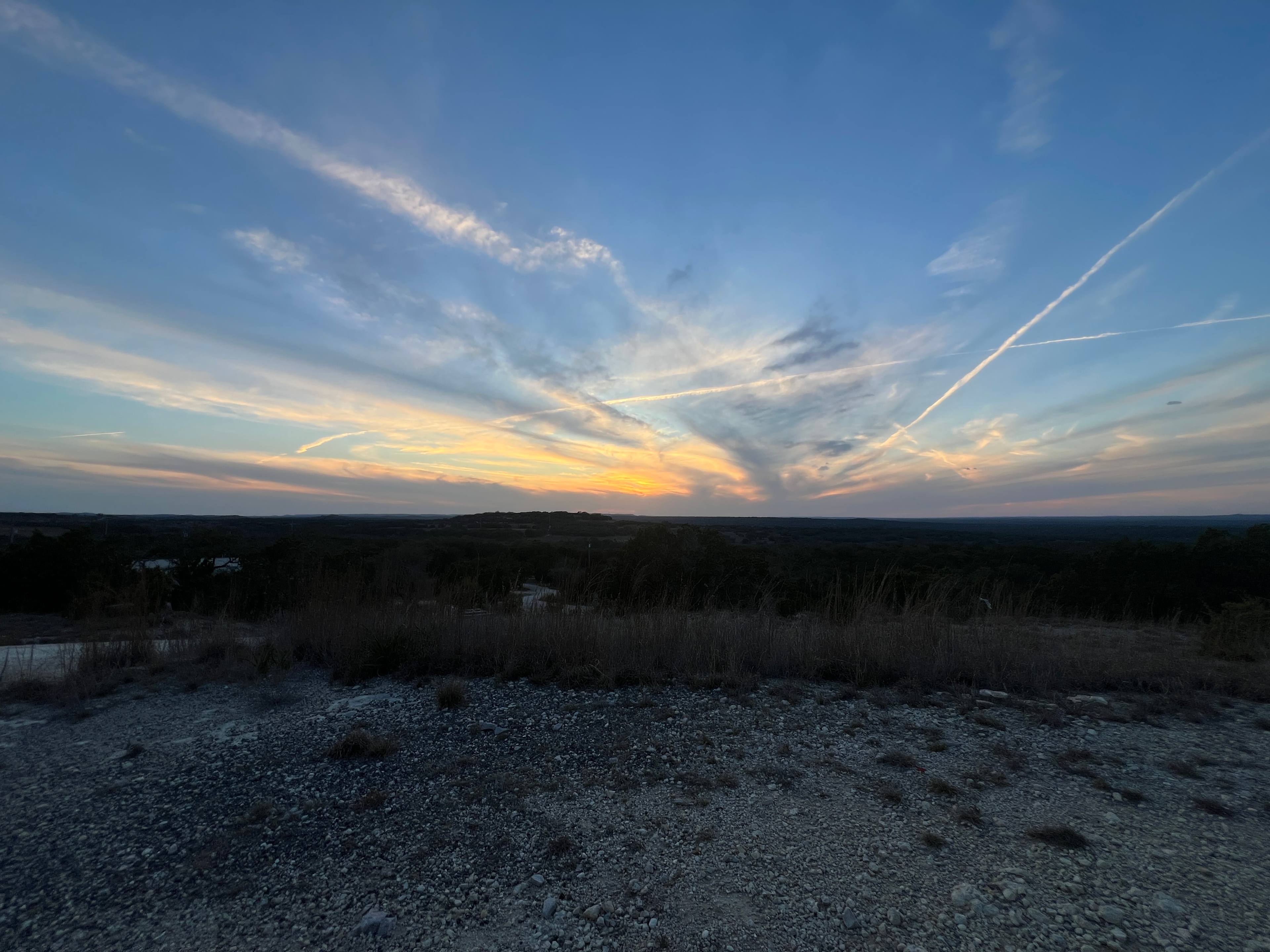 View at sunset from the top of the hill by the driveway entrance to the campsite.