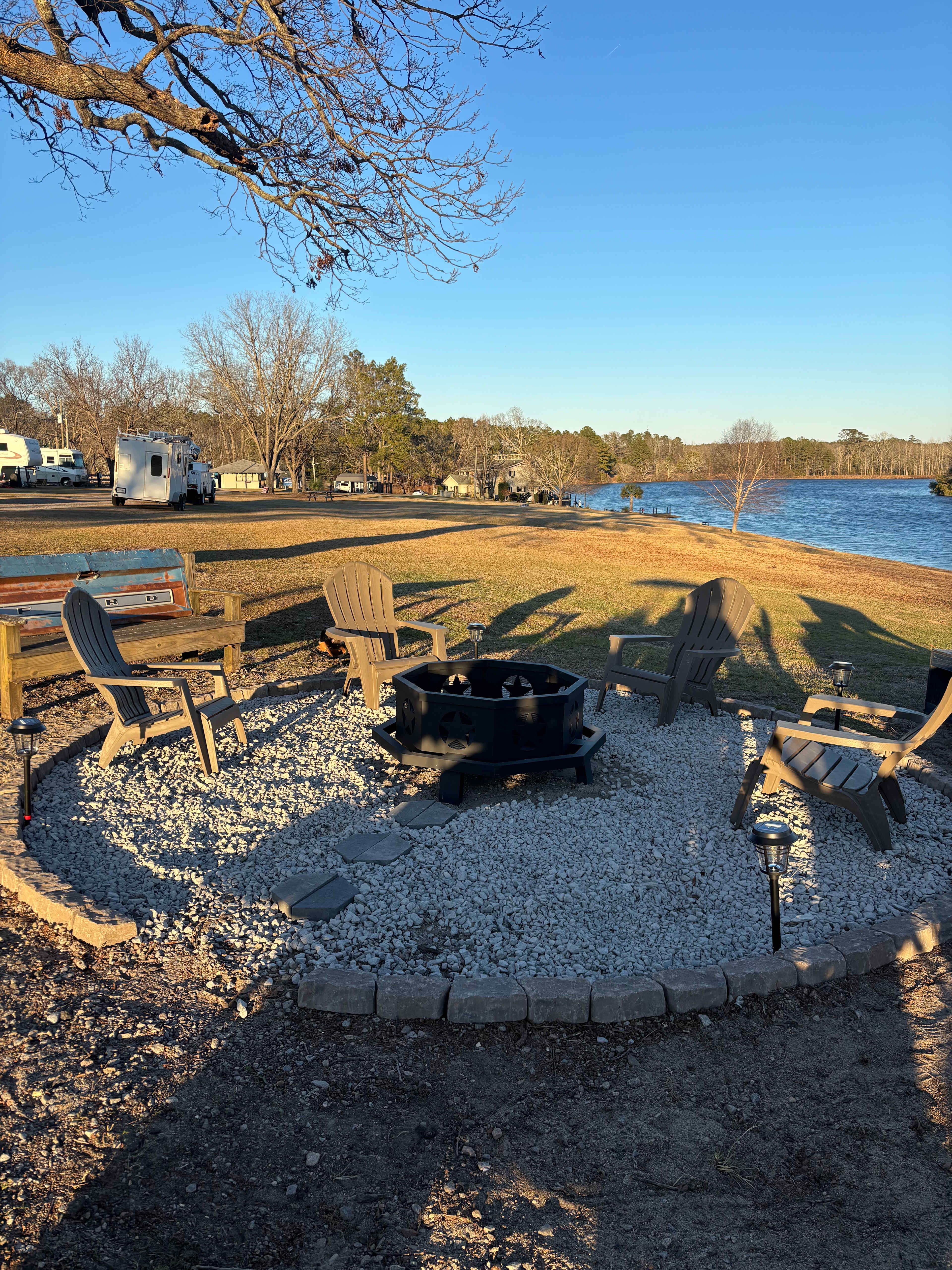 Community fire pit overlooking beautiful Sweetwater Lake