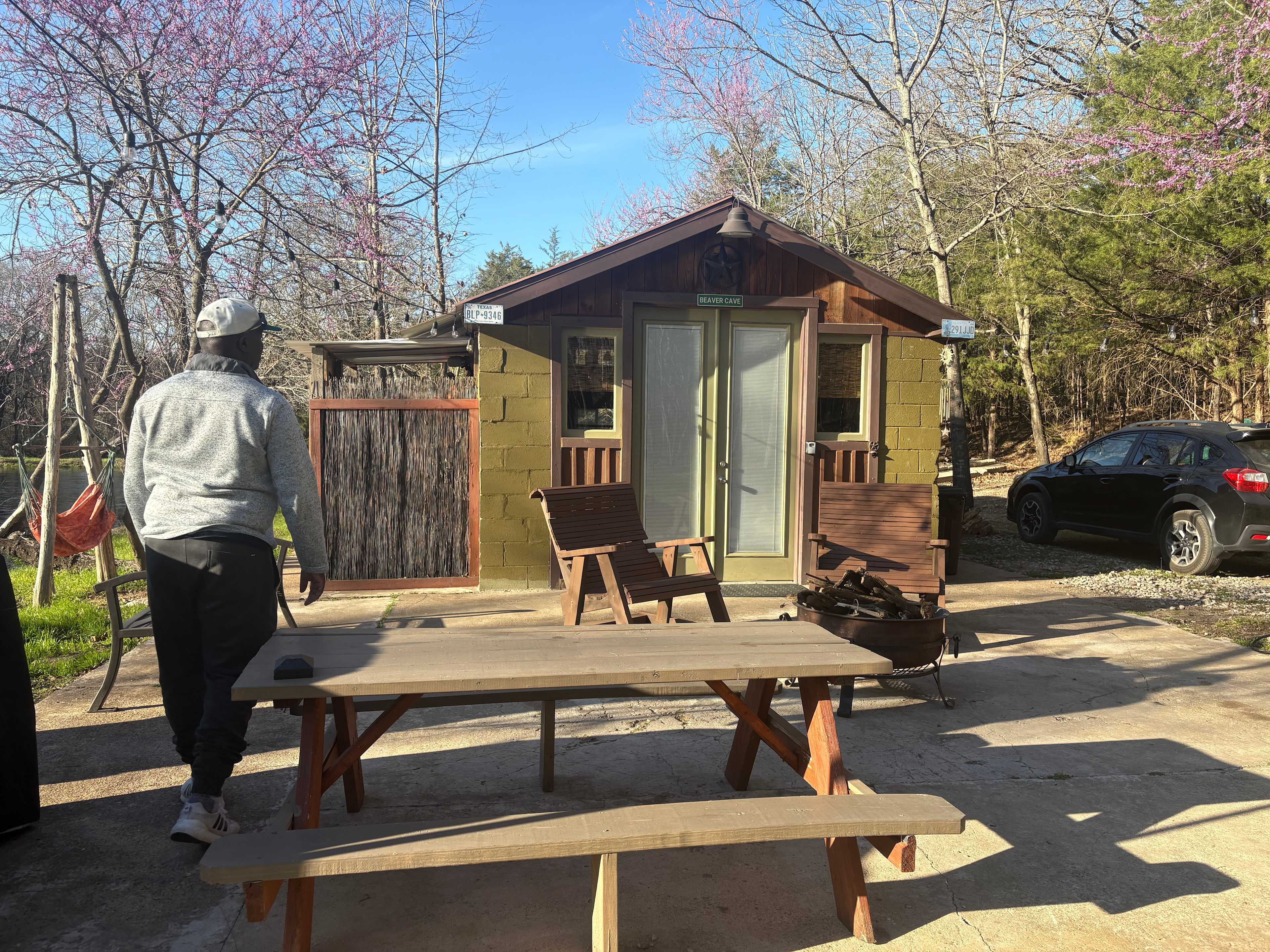 Front of the cabin- plenty of places to sit! 