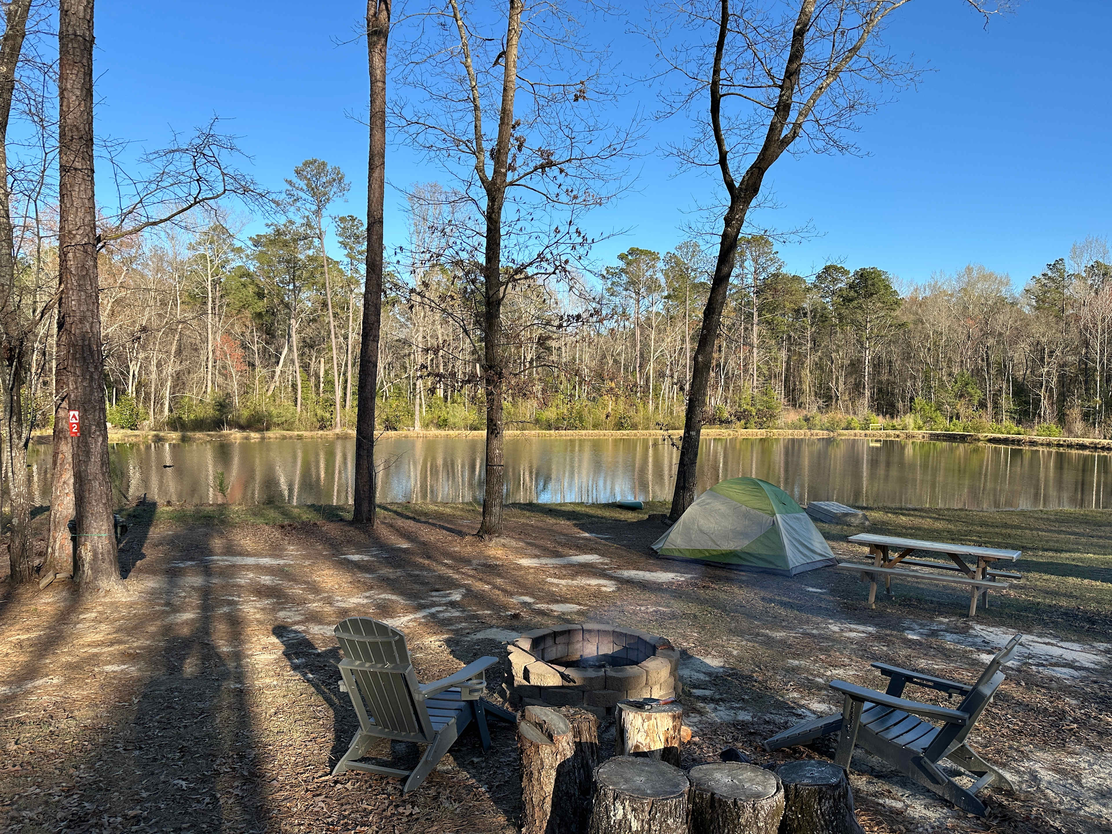 Great pond, wonderful campfire area with two great chairs