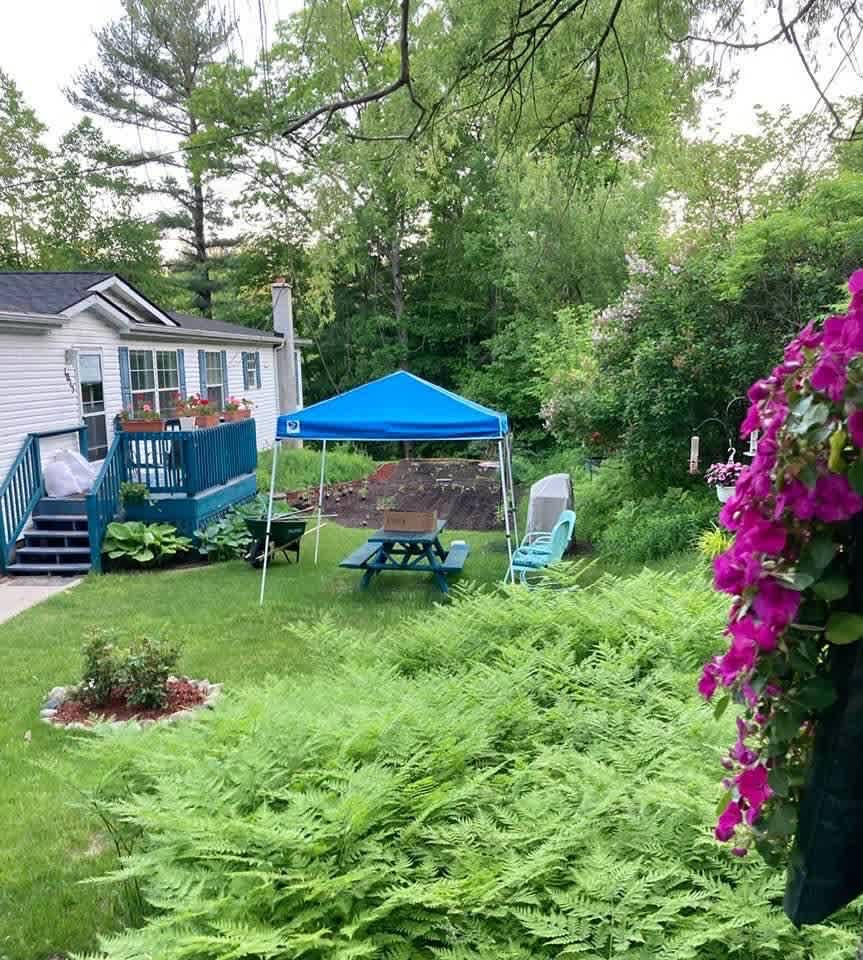 Picnic table and vegetable garden