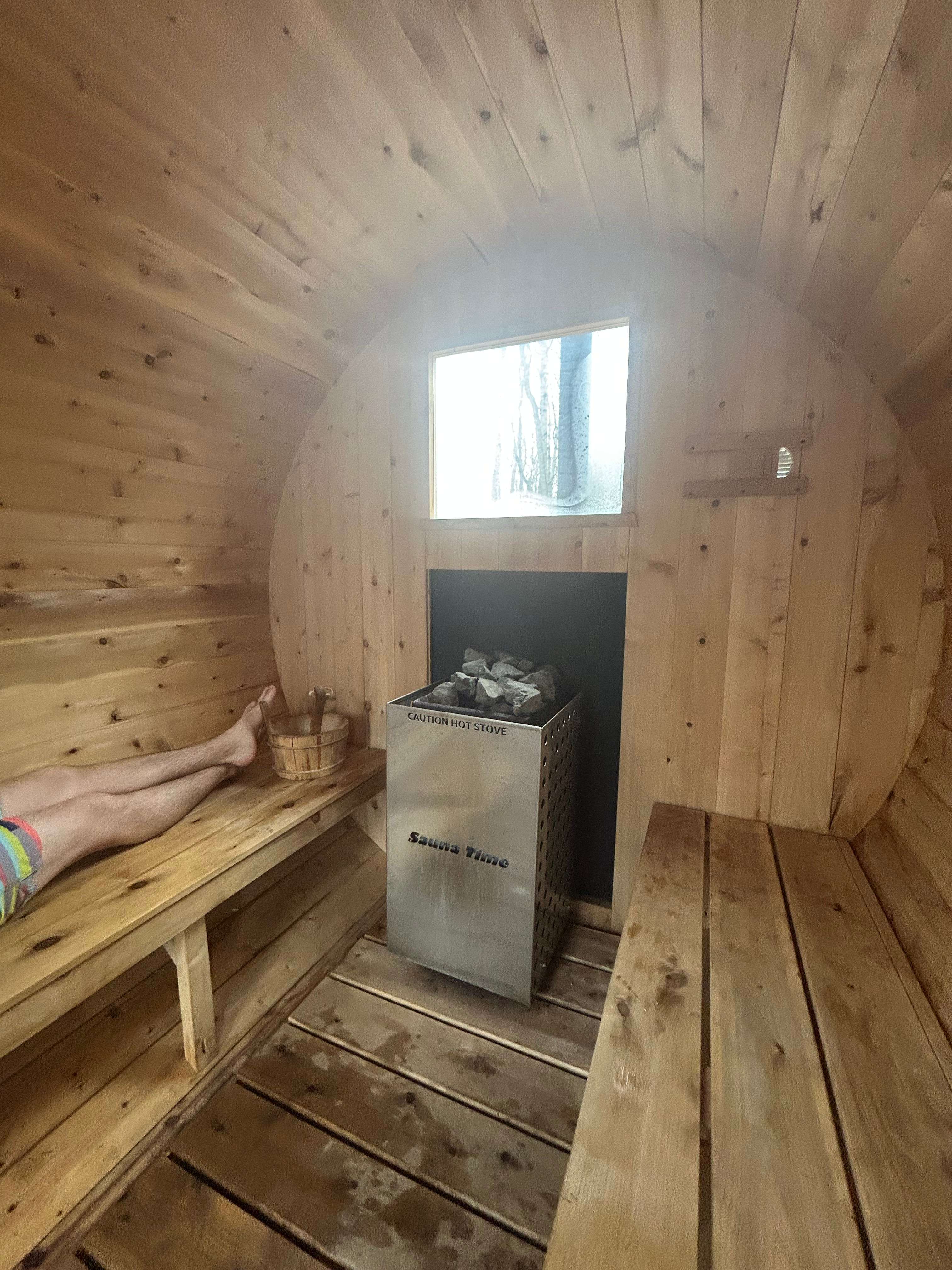 Enjoying the wood burning sauna 