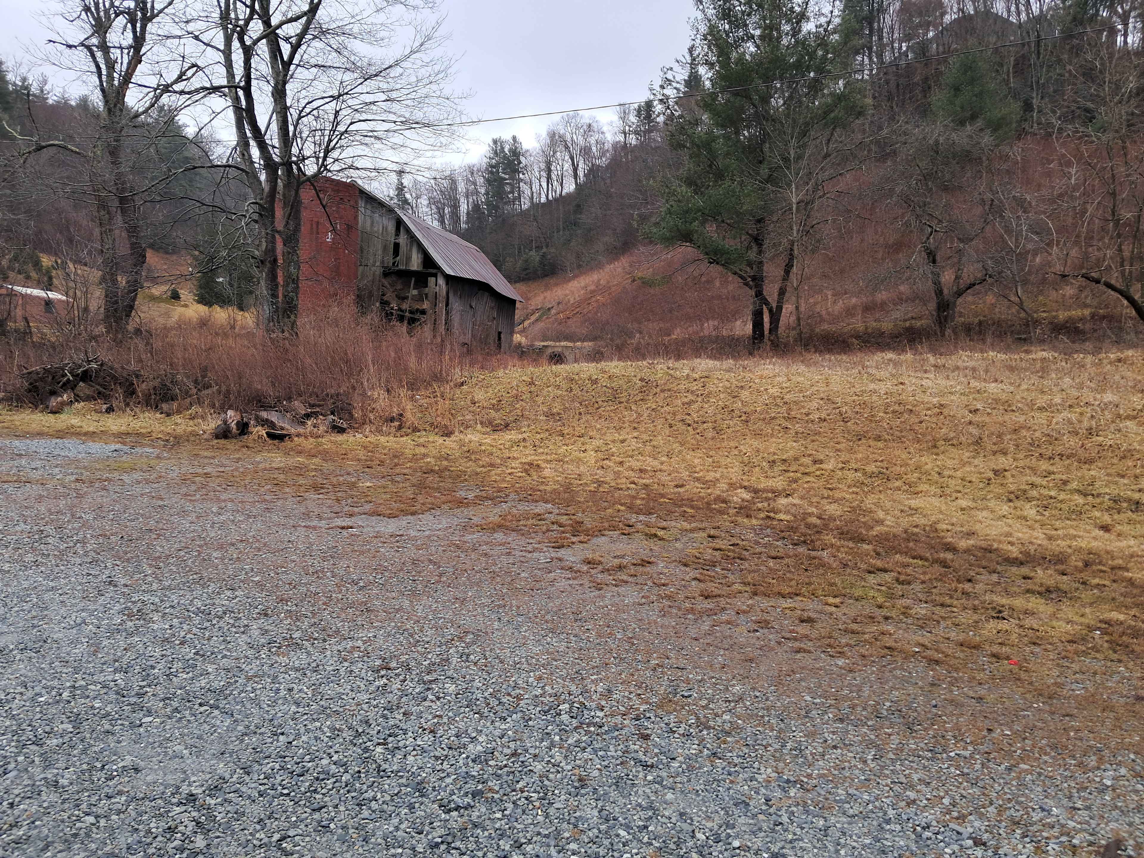 View of the gravel driveway site. Lovely grassy area behind, BUT (see next photo)