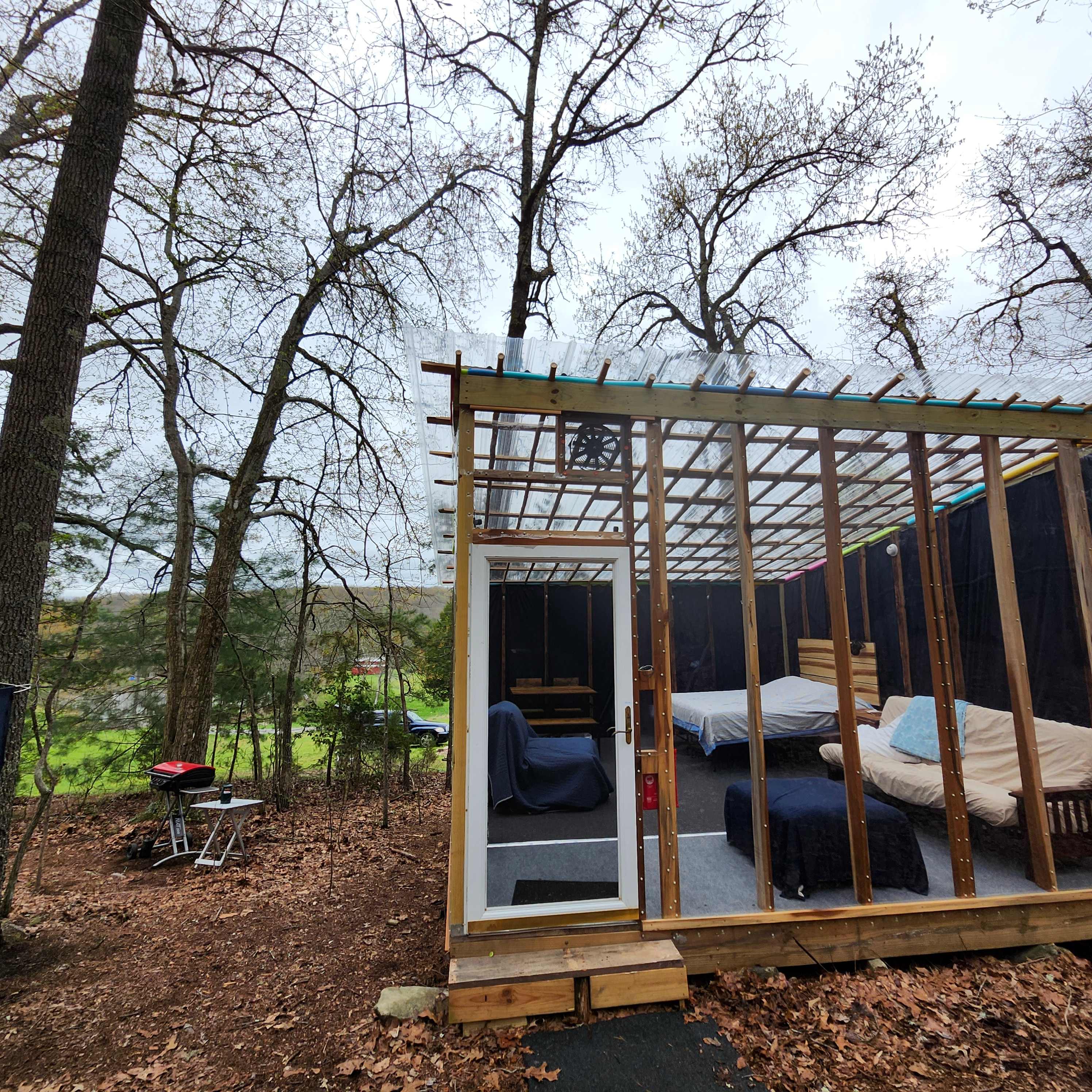 The clear walls and ceiling make for a forest emersed one of a kind experience. It is like sleeping on the porch when you were young.   Comfy for the whole family. 