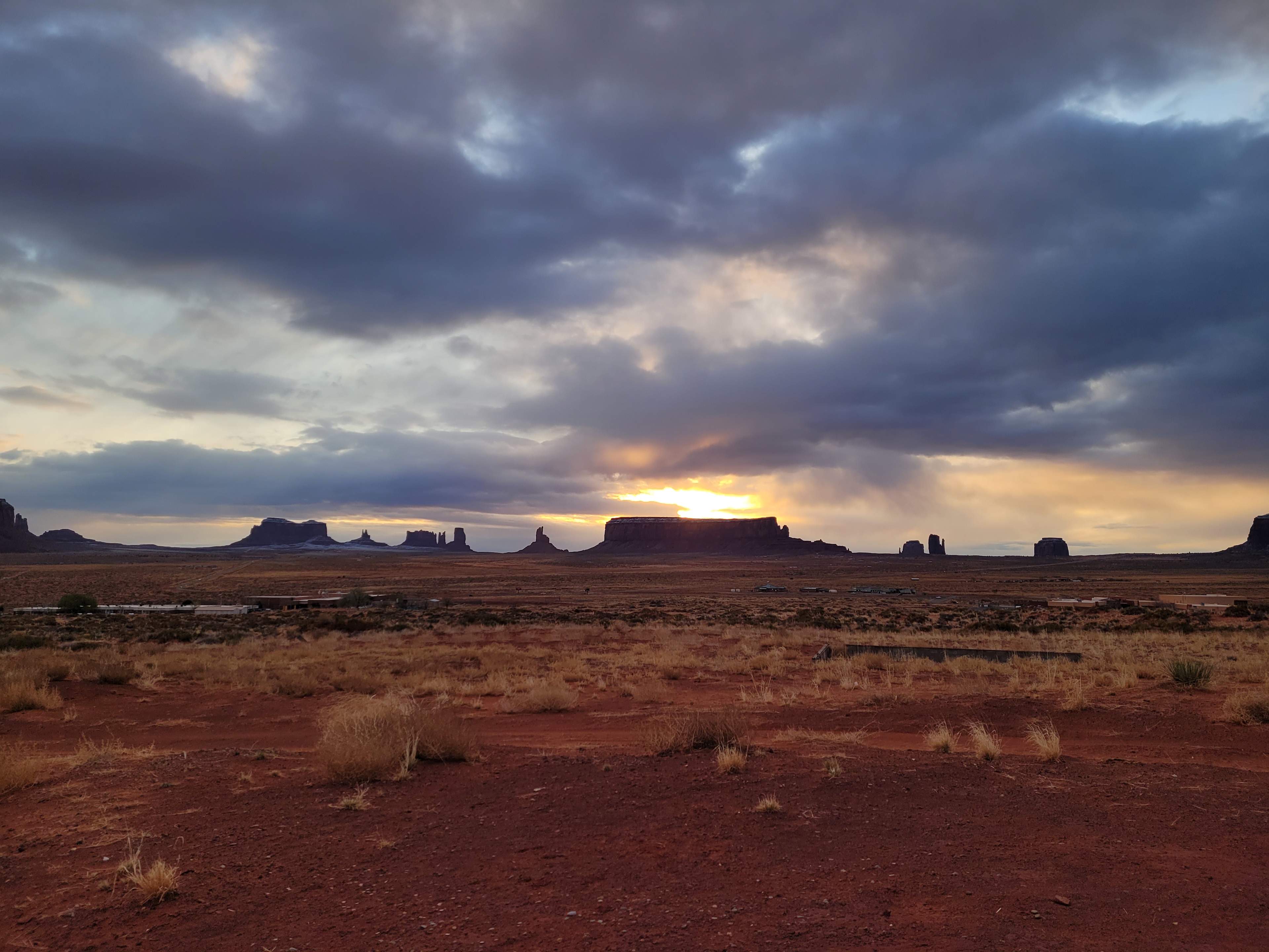 view from cabin toward monument valley at sunrise