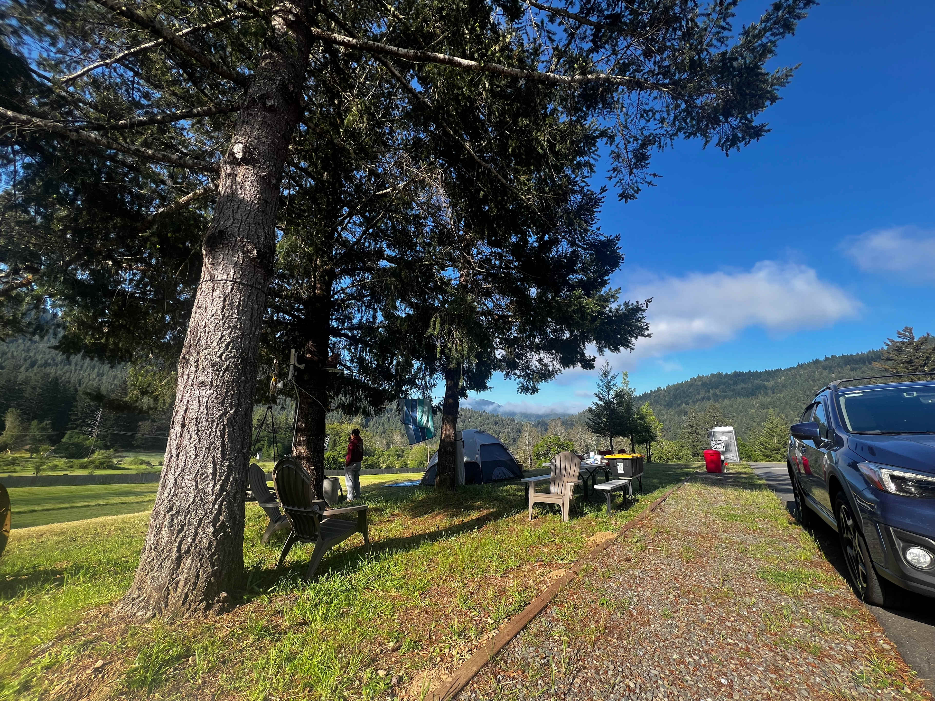 There is an outlet in the RV hook ups and in the tree there’s an outlet too, the lights are on auto( if you want them) and provide a lot of light!