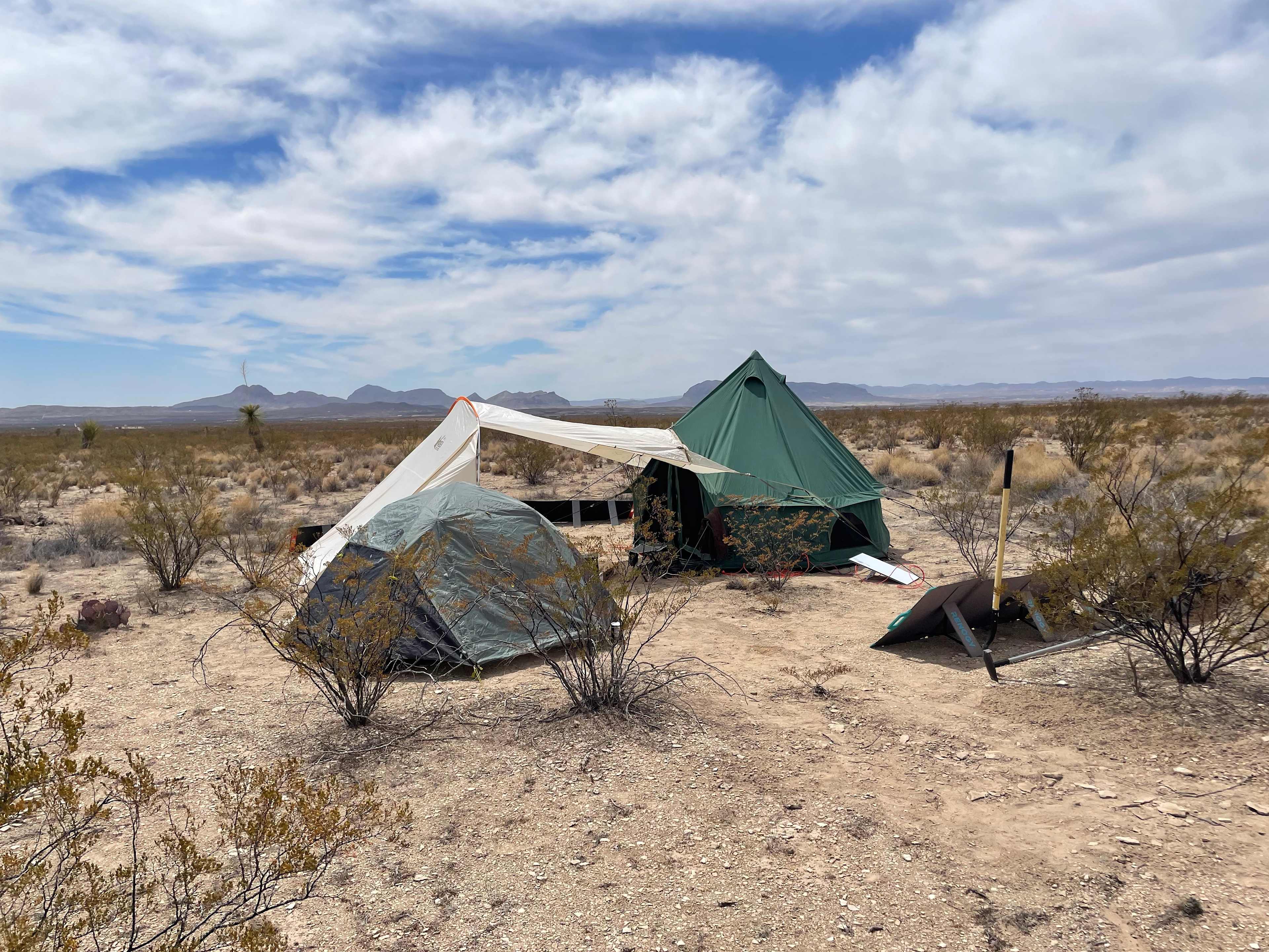 An example setup: you can pitch a large tent (10'), a shade structure, and a smaller tent. 