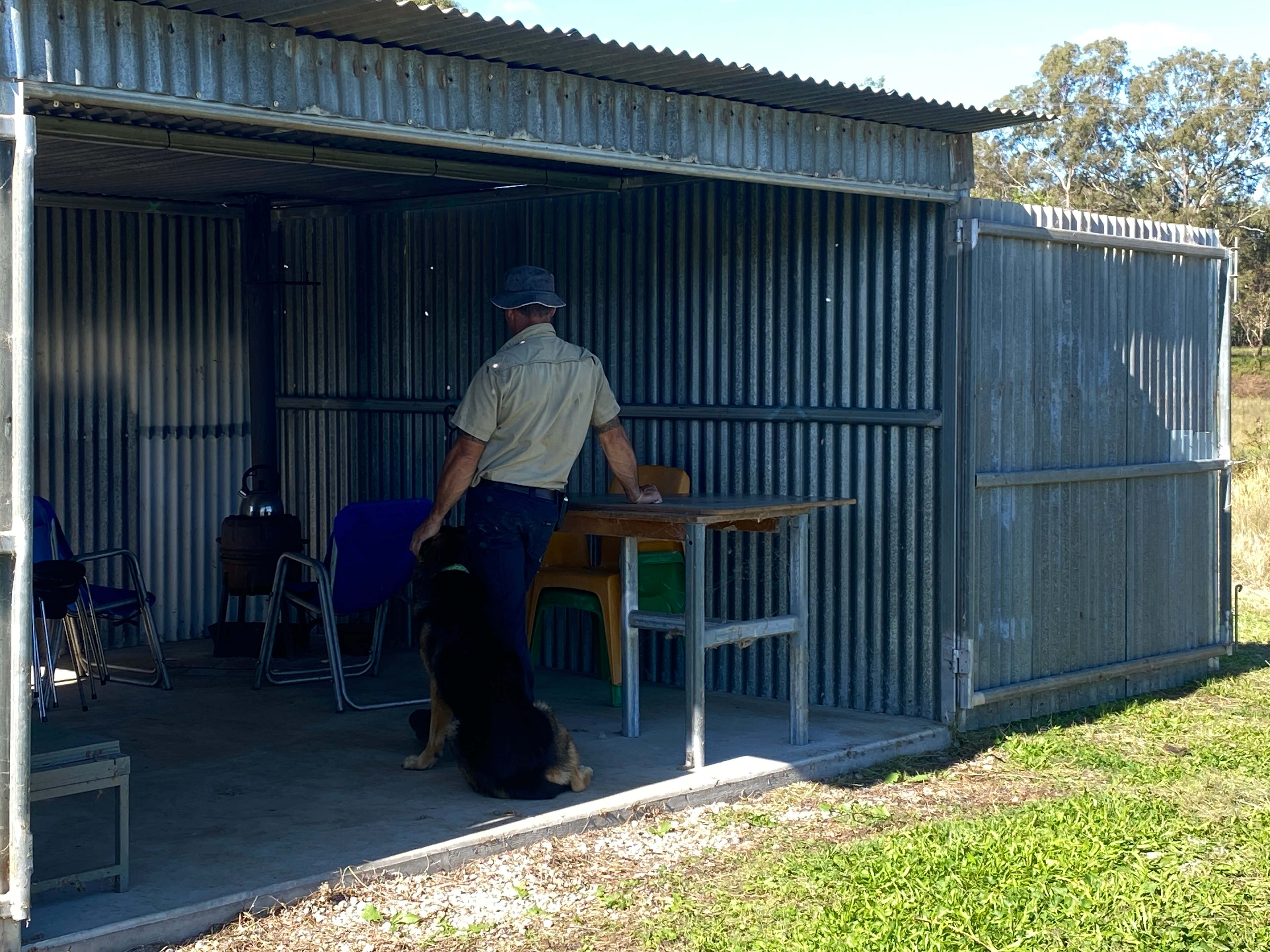 Steel shed is available as a shelter with pot belly stove and outdoor room for shower (byo camping shower). Great to warm up on a winters night.