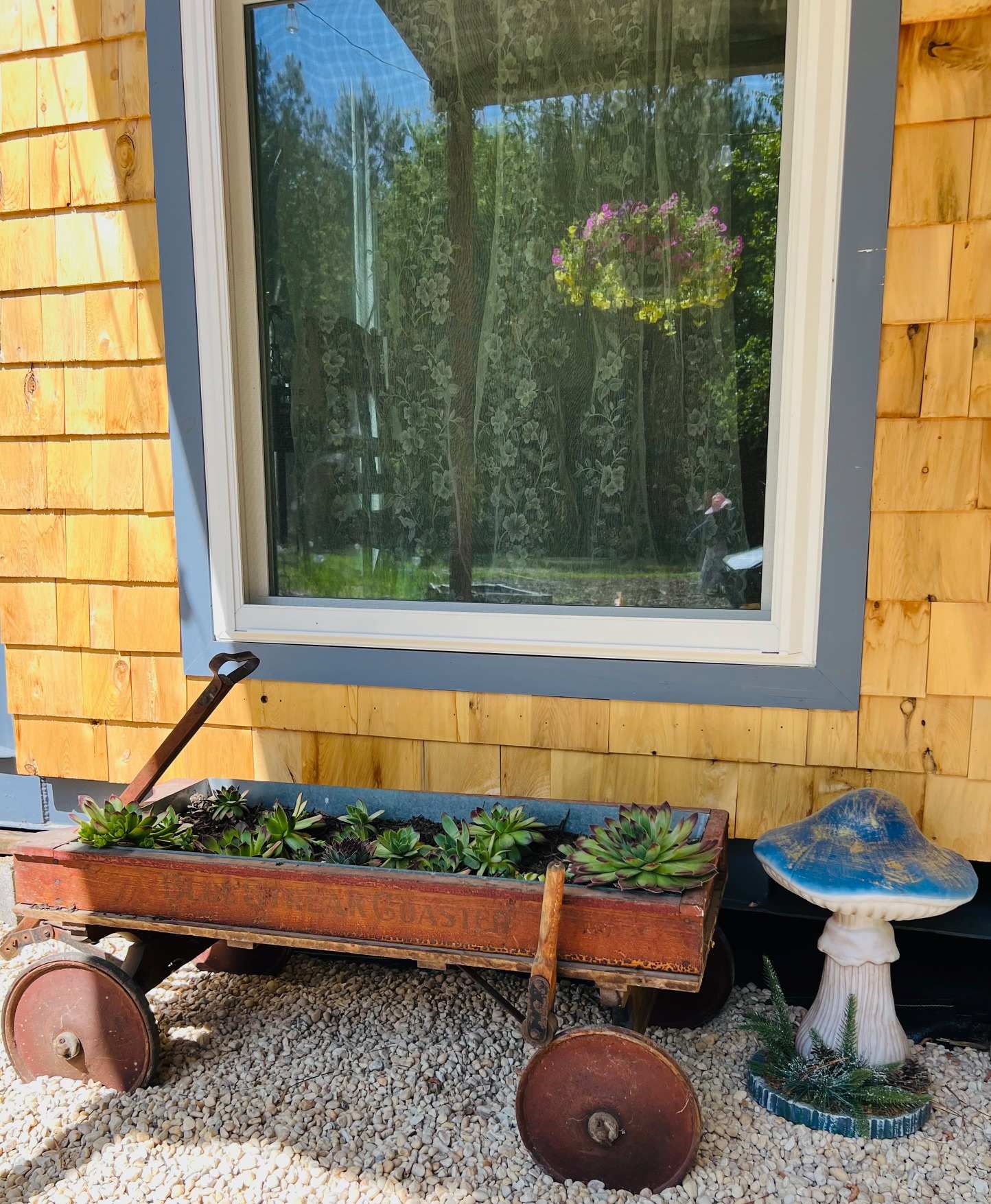 I don't believe that brake handle would stop any human, so we just planted some hens and chicks safely inside this antique wagon. 