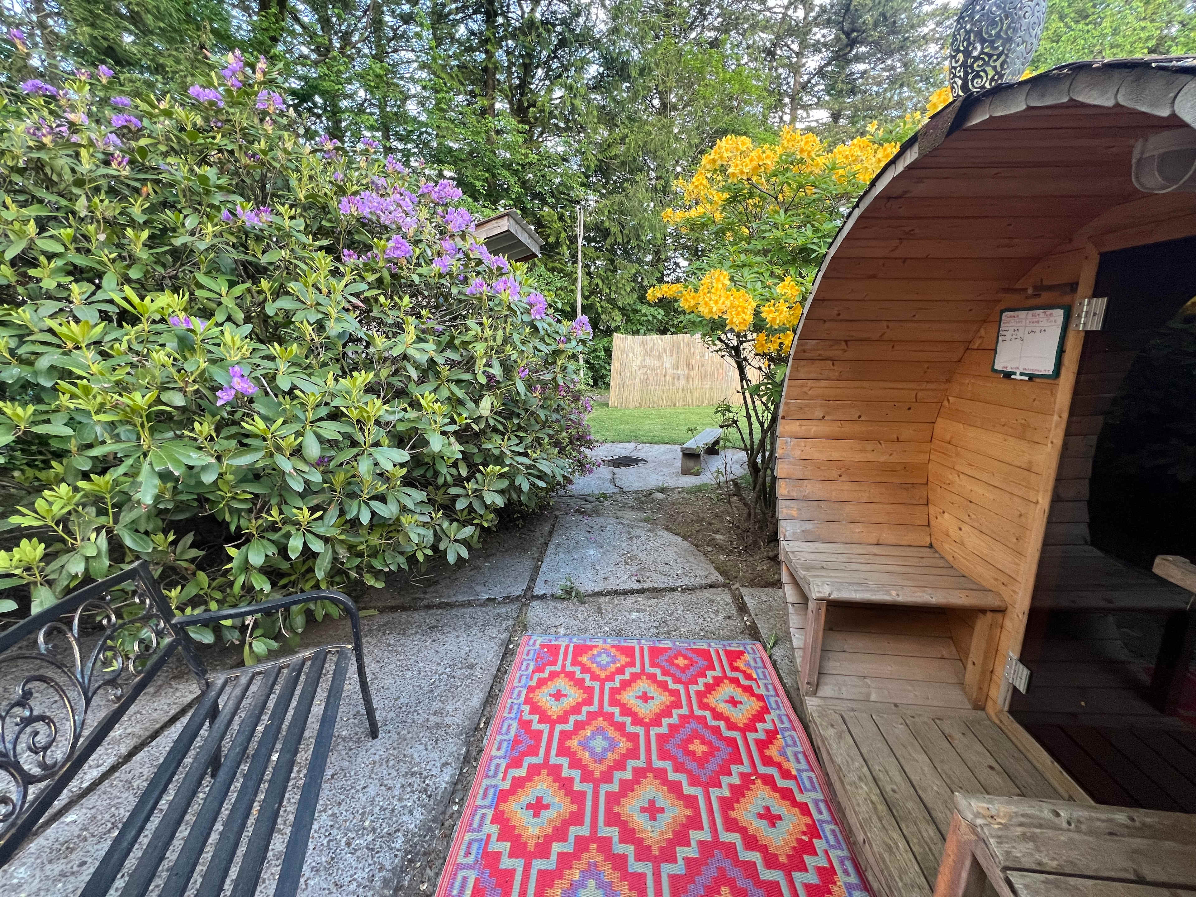 The sauna and beautiful flower trees!! 