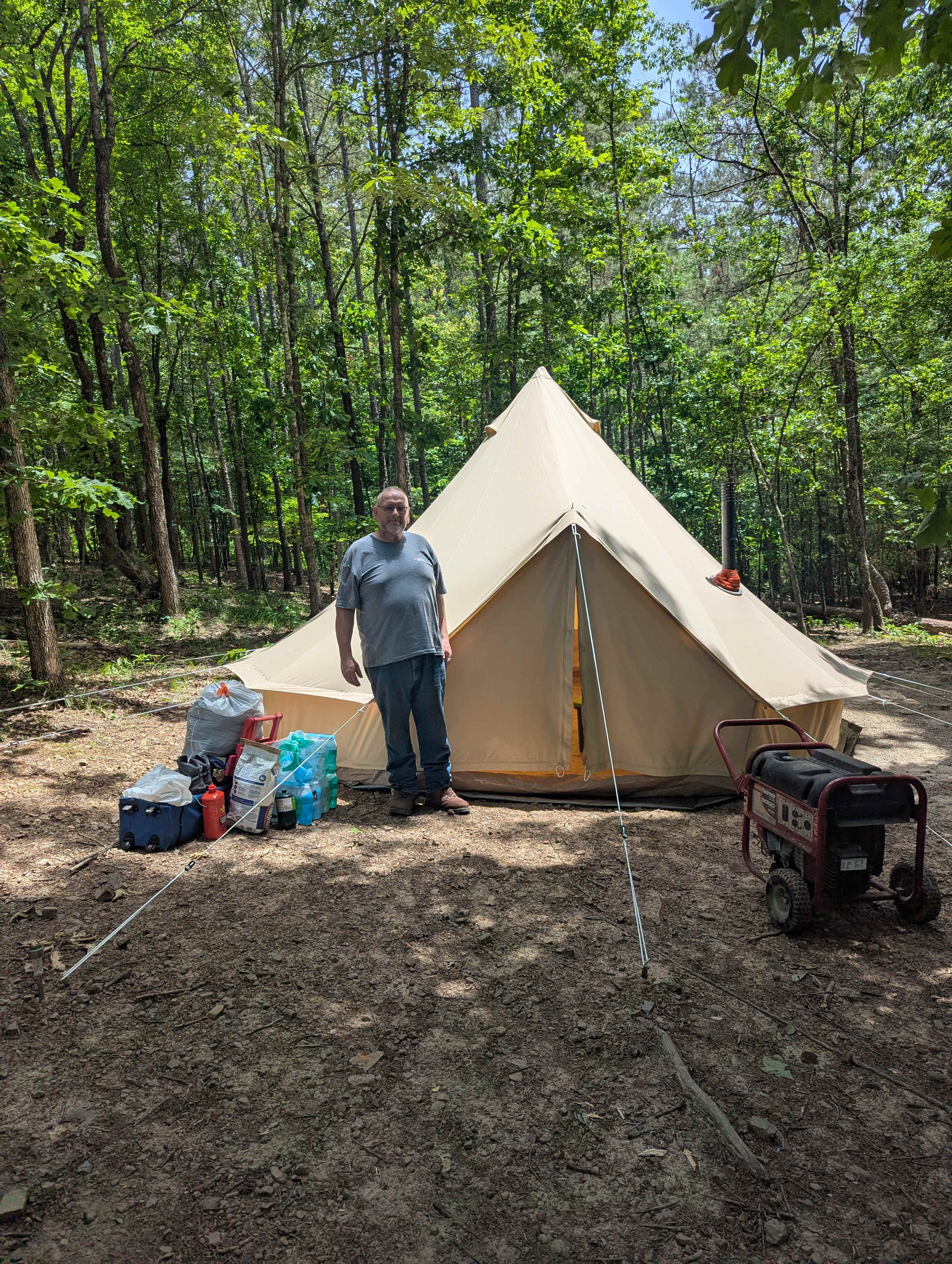 Our huge 16' bell tent to give you an idea of how big the main site is for accommodating large family tents(site is sloped a tad but nothing you can't manage. But do highly recommend a heavy duty tarp as a ground cloth to protect the tent floor as rocks).  