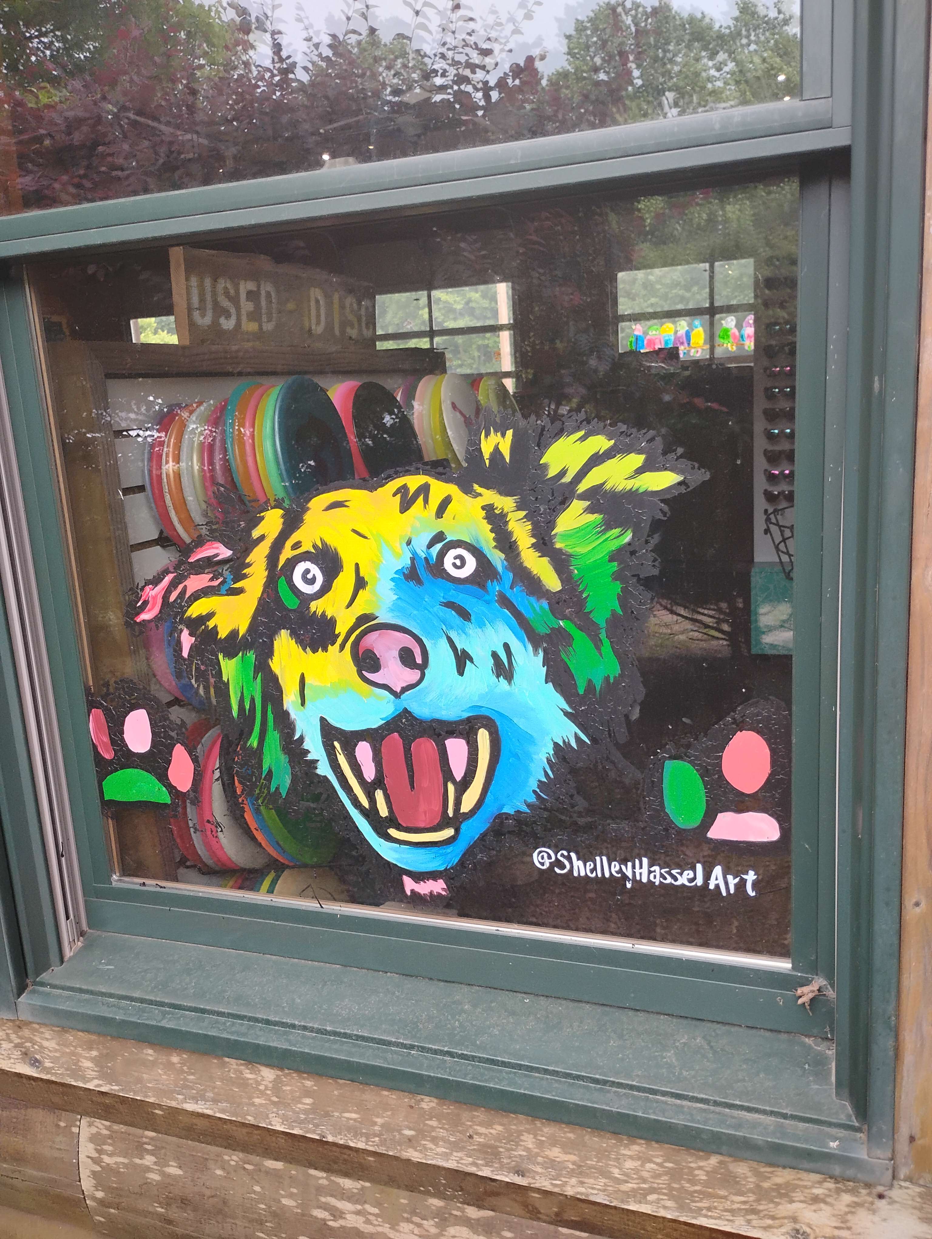 A rainbow dog painted on a window 
