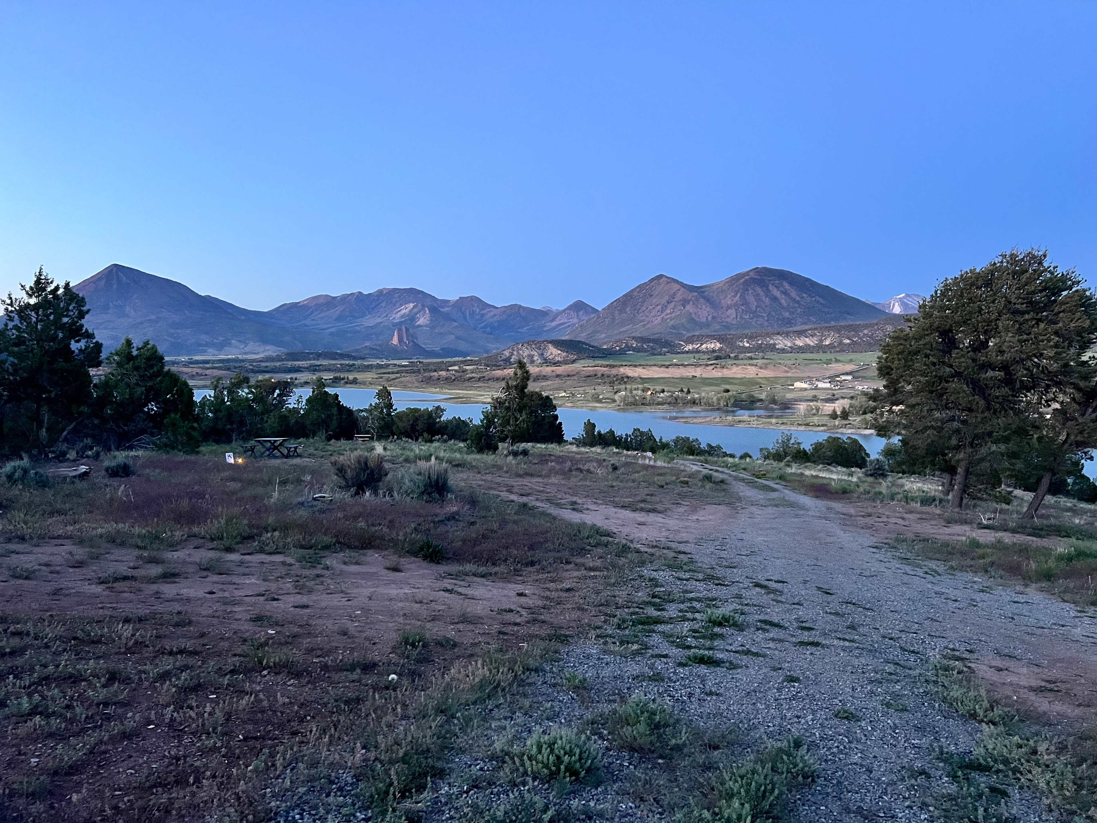 From end of path to site 4, can see paths to sites 1,2,3. Great evening view of the reservoir. 