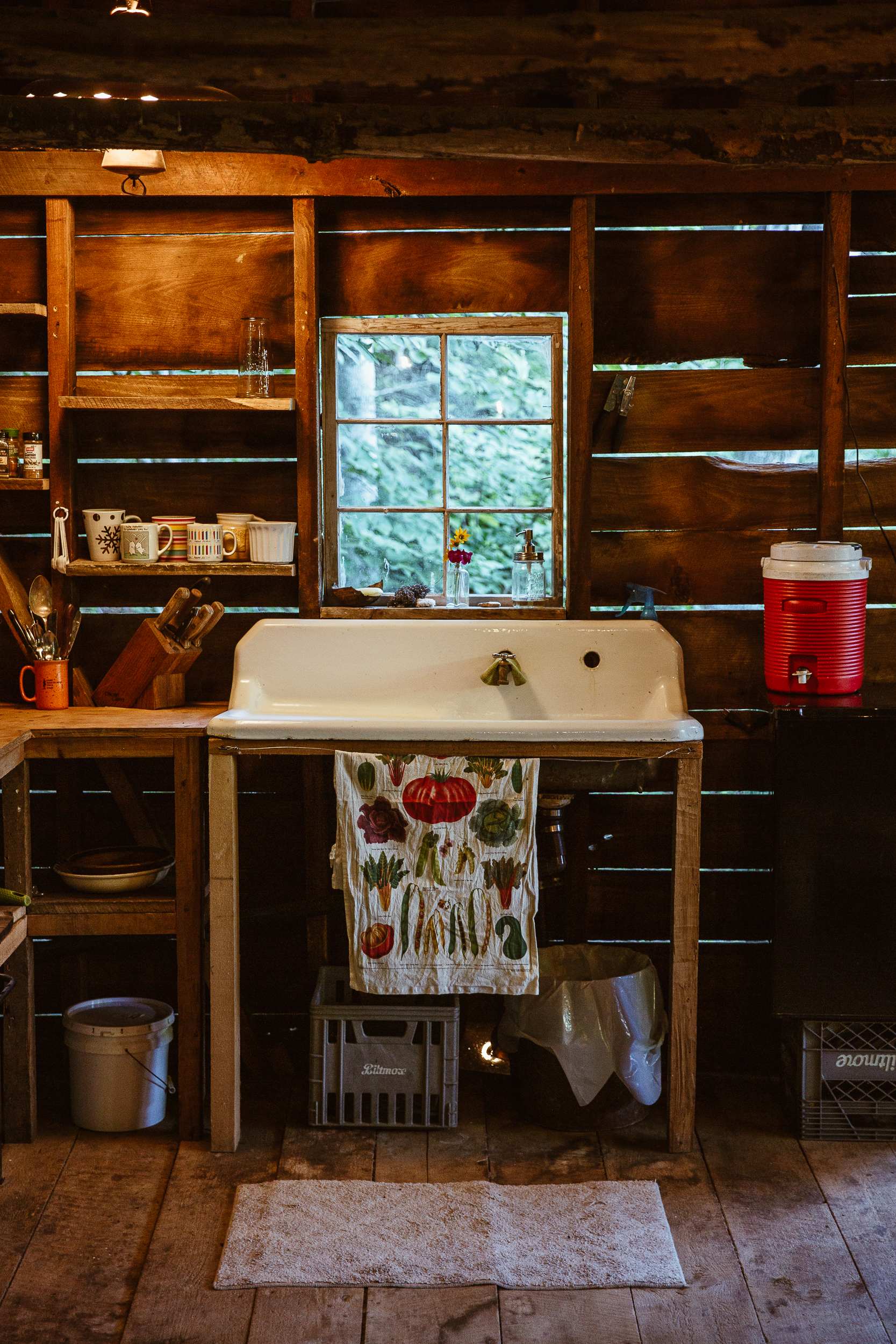 Kitchen sink with a view into the woods