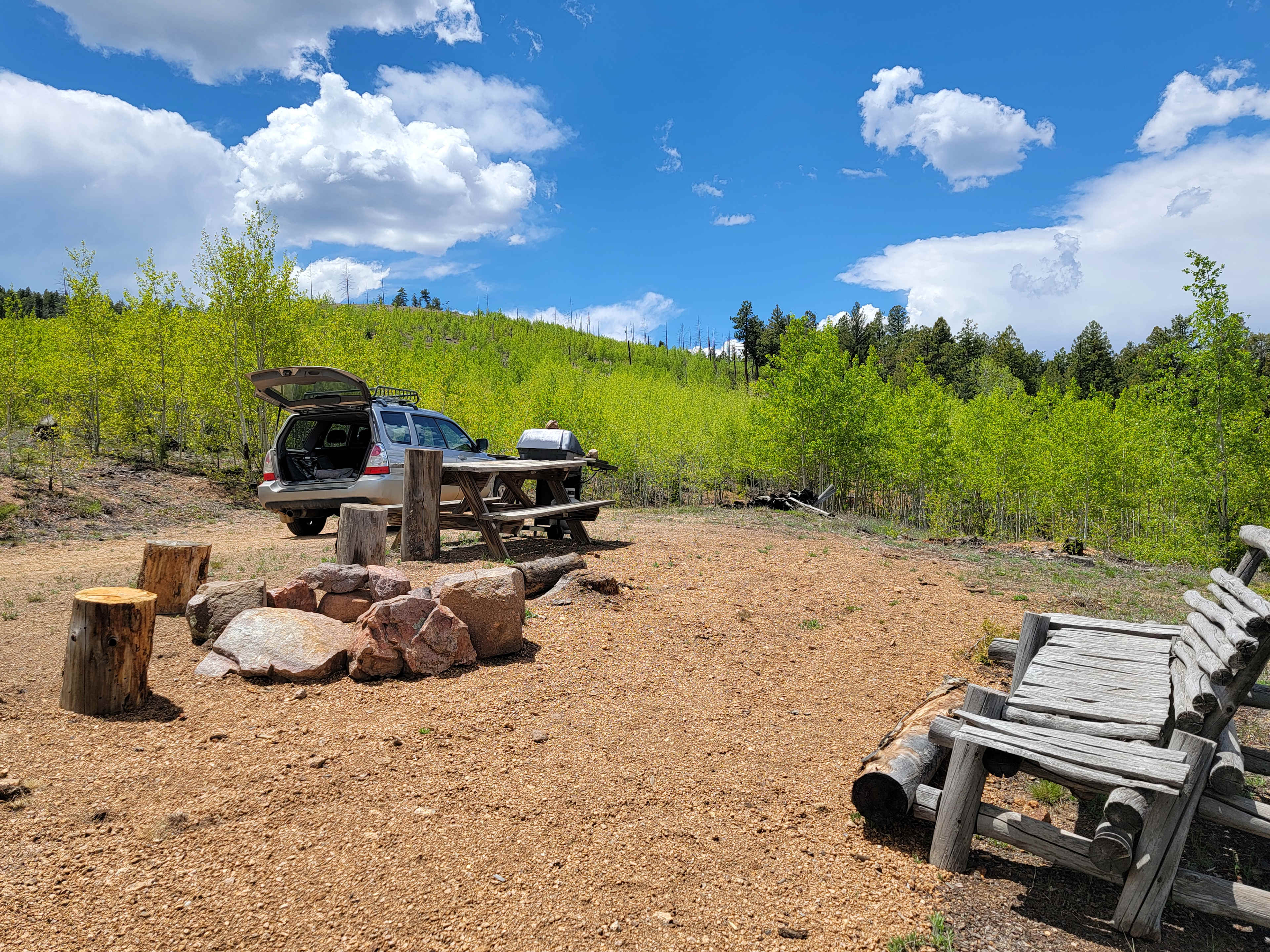Open level end of private road. Rv's, tents, campfires, picnic table and grill.