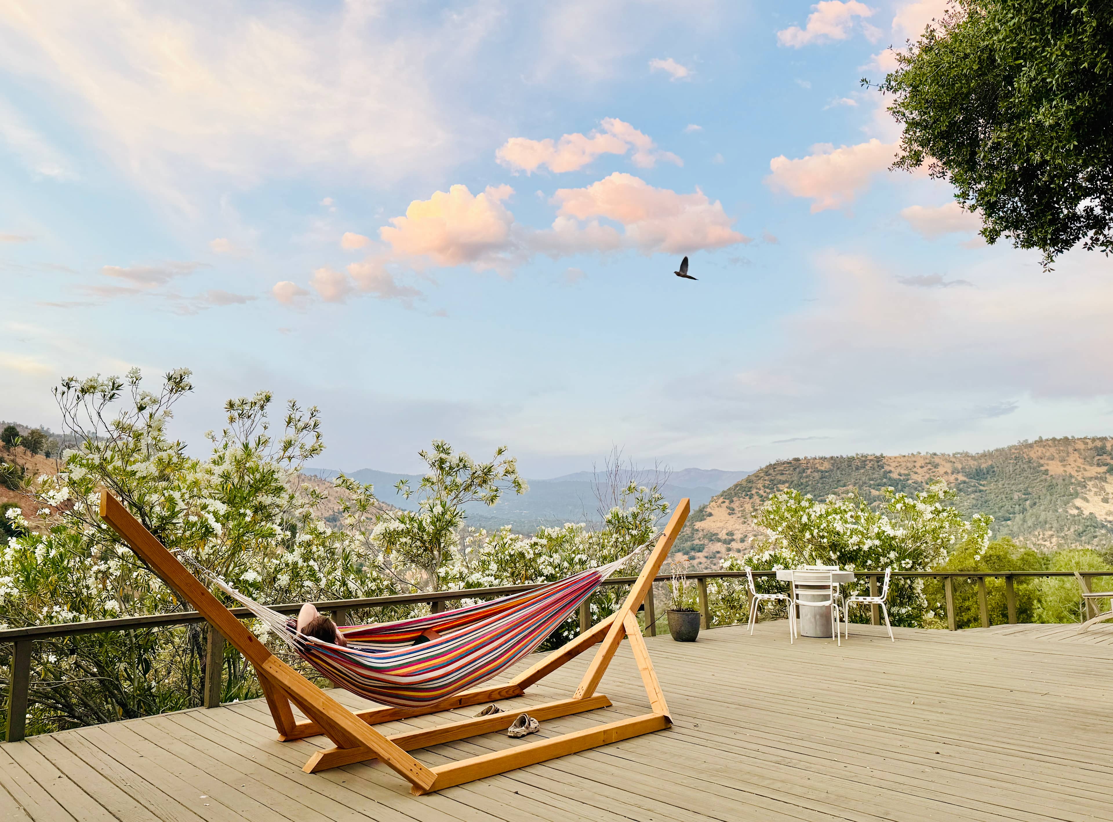 Stretch out for a midday nap or curl up with a good book in our custom built hammock. 